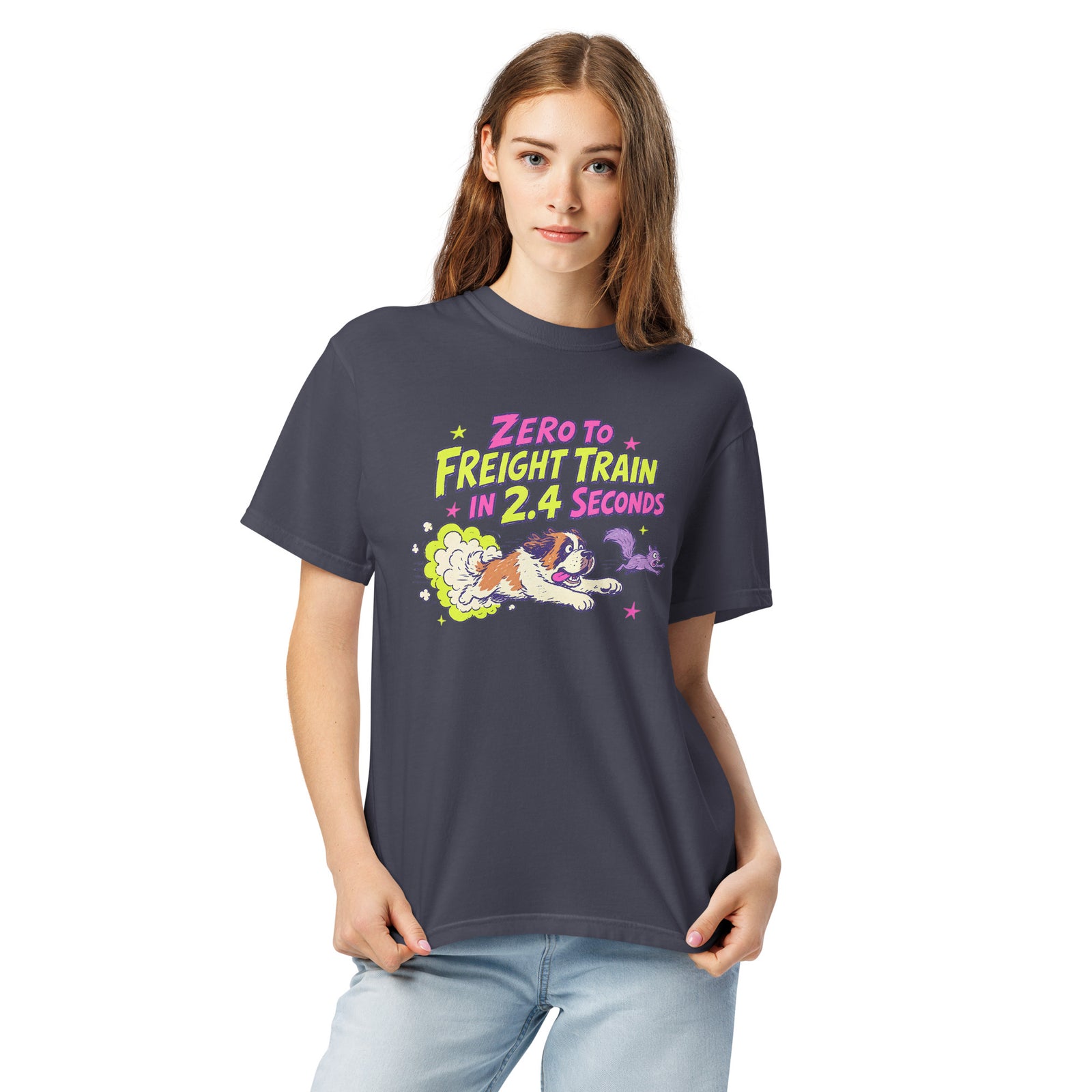 Navy blue Comfort Colors t-shirt with a bright retro cartoon Saint Bernard chasing a squirrel and Zero to Freight Train in 2.4 Seconds lettering.