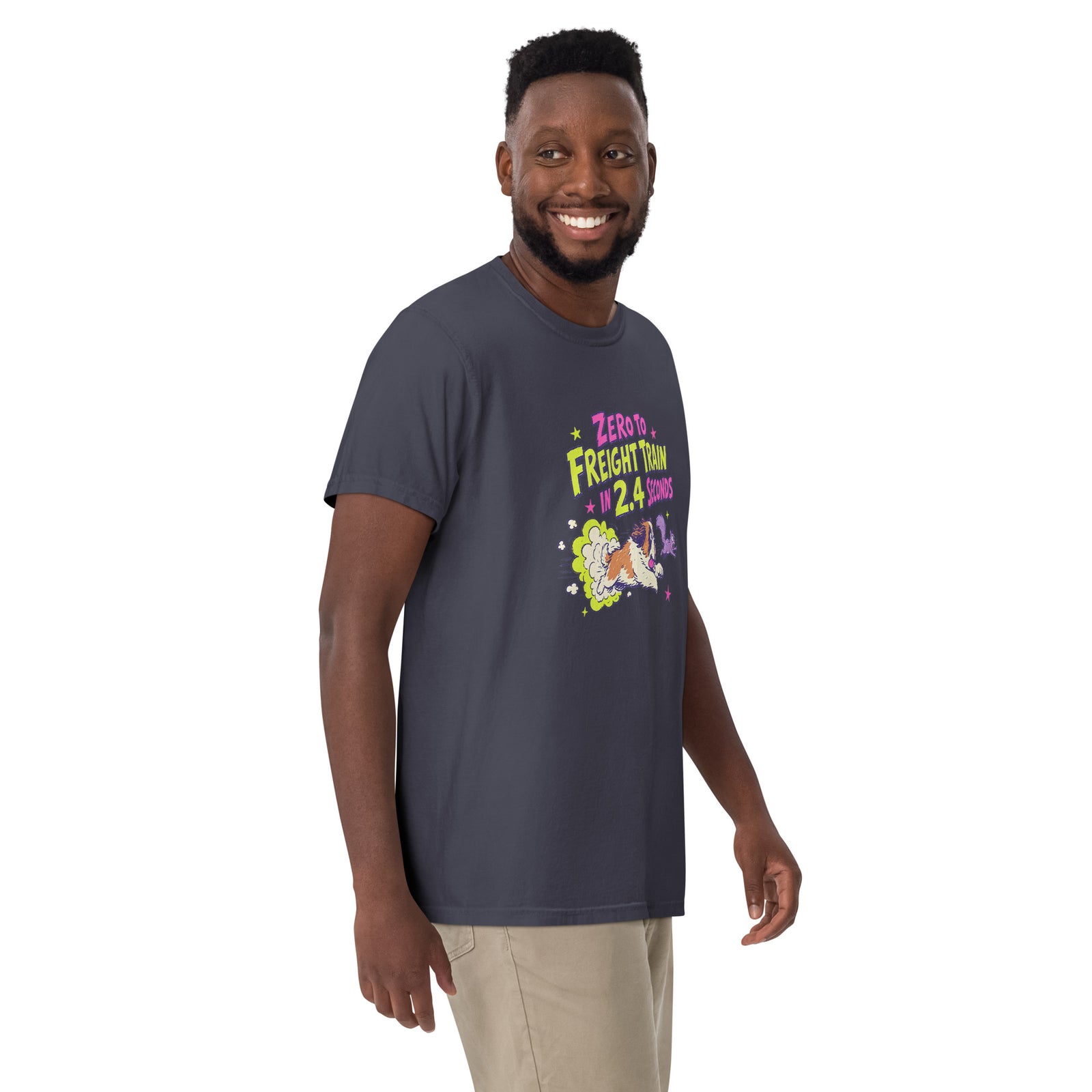 Navy blue Comfort Colors t-shirt with a bright retro cartoon Saint Bernard chasing a squirrel and Zero to Freight Train in 2.4 Seconds lettering.