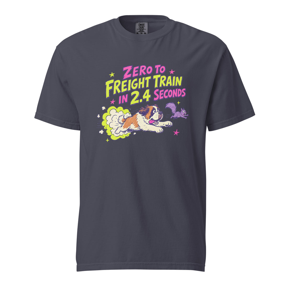 Navy blue Comfort Colors t-shirt with a bright retro cartoon Saint Bernard chasing a squirrel and Zero to Freight Train in 2.4 Seconds lettering.