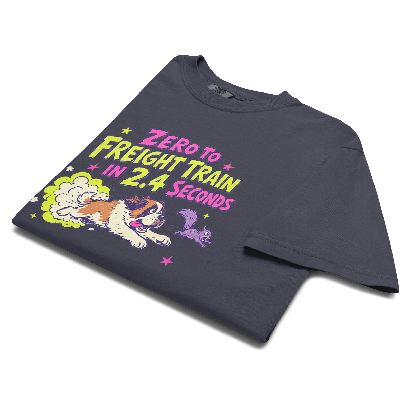 Navy blue Comfort Colors t-shirt with a bright retro cartoon Saint Bernard chasing a squirrel and Zero to Freight Train in 2.4 Seconds lettering.