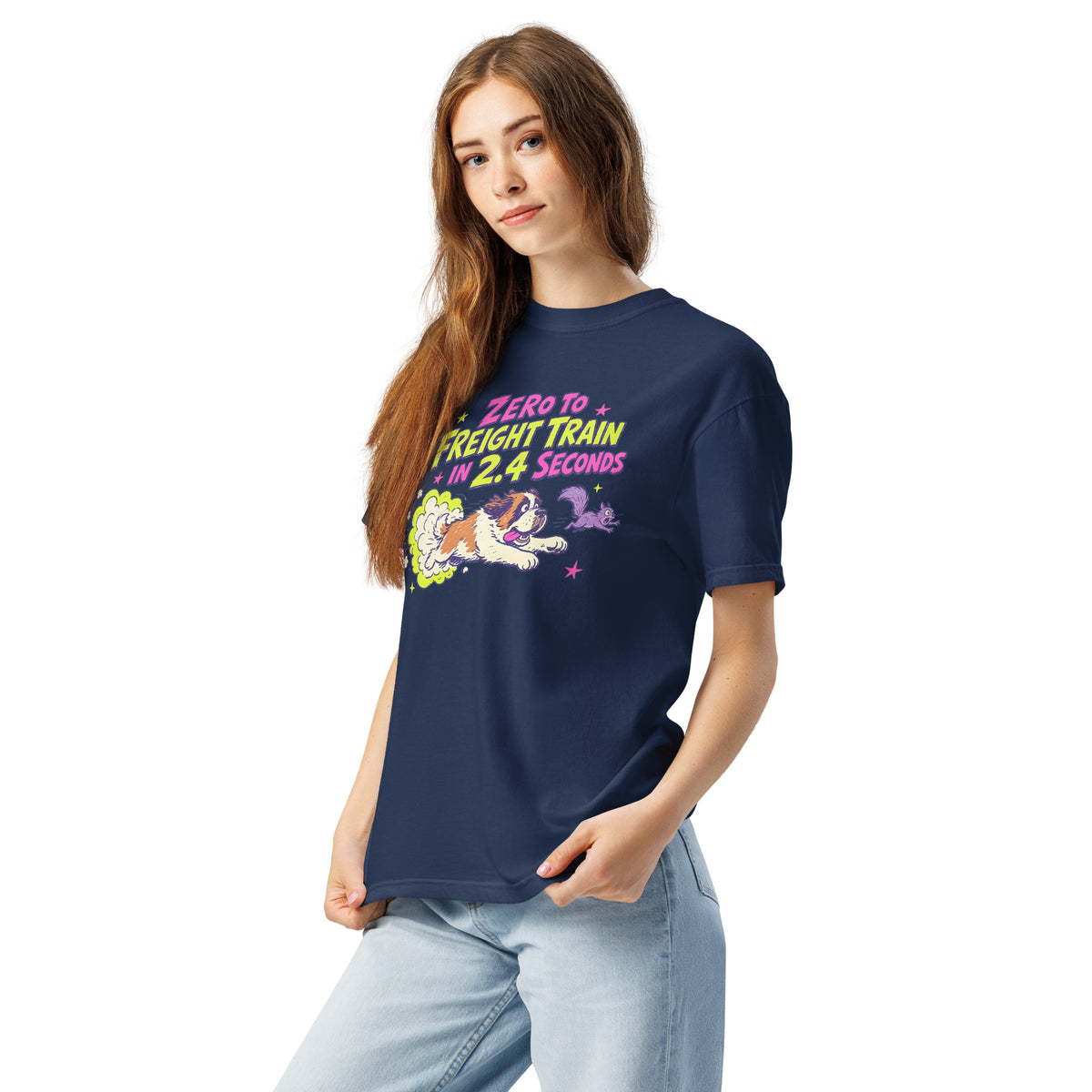 Navy Comfort Colors t-shirt with a bright retro cartoon Saint Bernard chasing a squirrel and Zero to Freight Train in 2.4 Seconds lettering.