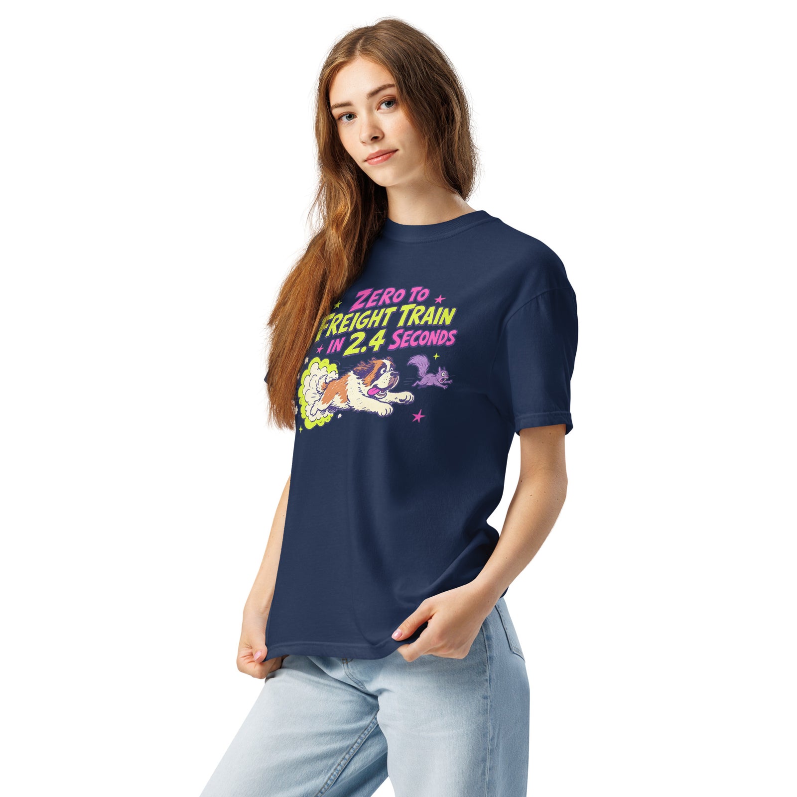 Navy Comfort Colors t-shirt with a bright retro cartoon Saint Bernard chasing a squirrel and Zero to Freight Train in 2.4 Seconds lettering.