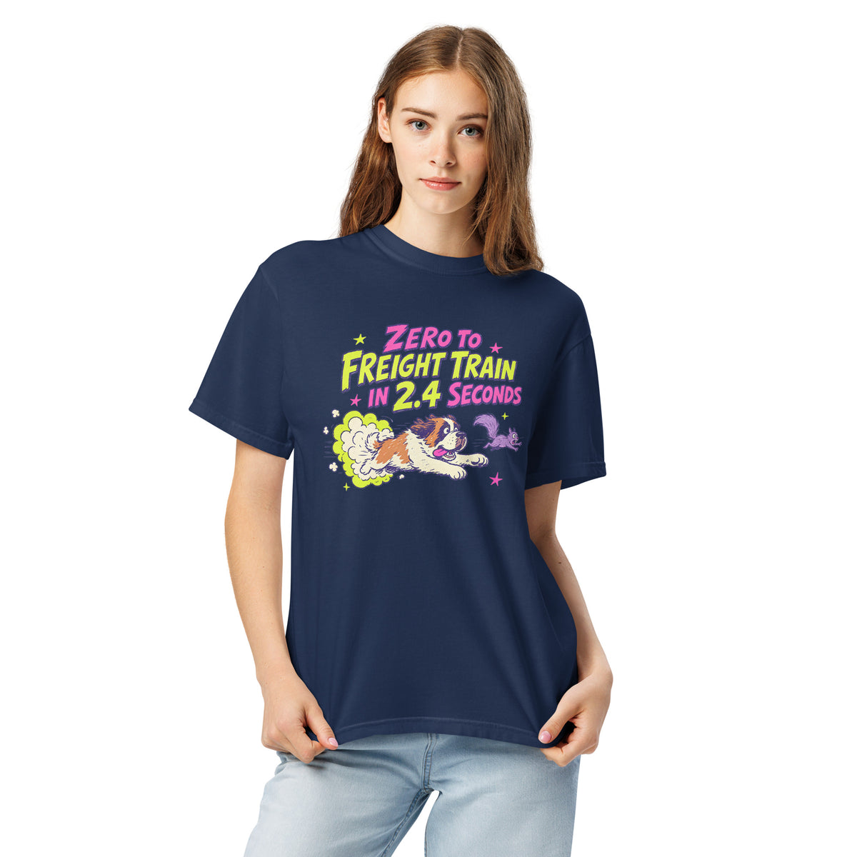 Navy Comfort Colors t-shirt with a bright retro cartoon Saint Bernard chasing a squirrel and Zero to Freight Train in 2.4 Seconds lettering.