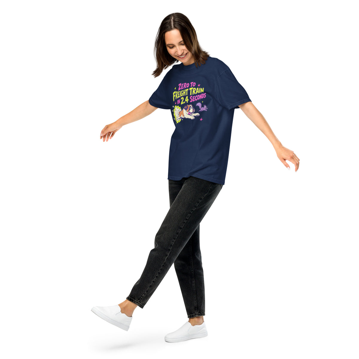 Navy Comfort Colors t-shirt with a bright retro cartoon Saint Bernard chasing a squirrel and Zero to Freight Train in 2.4 Seconds lettering.