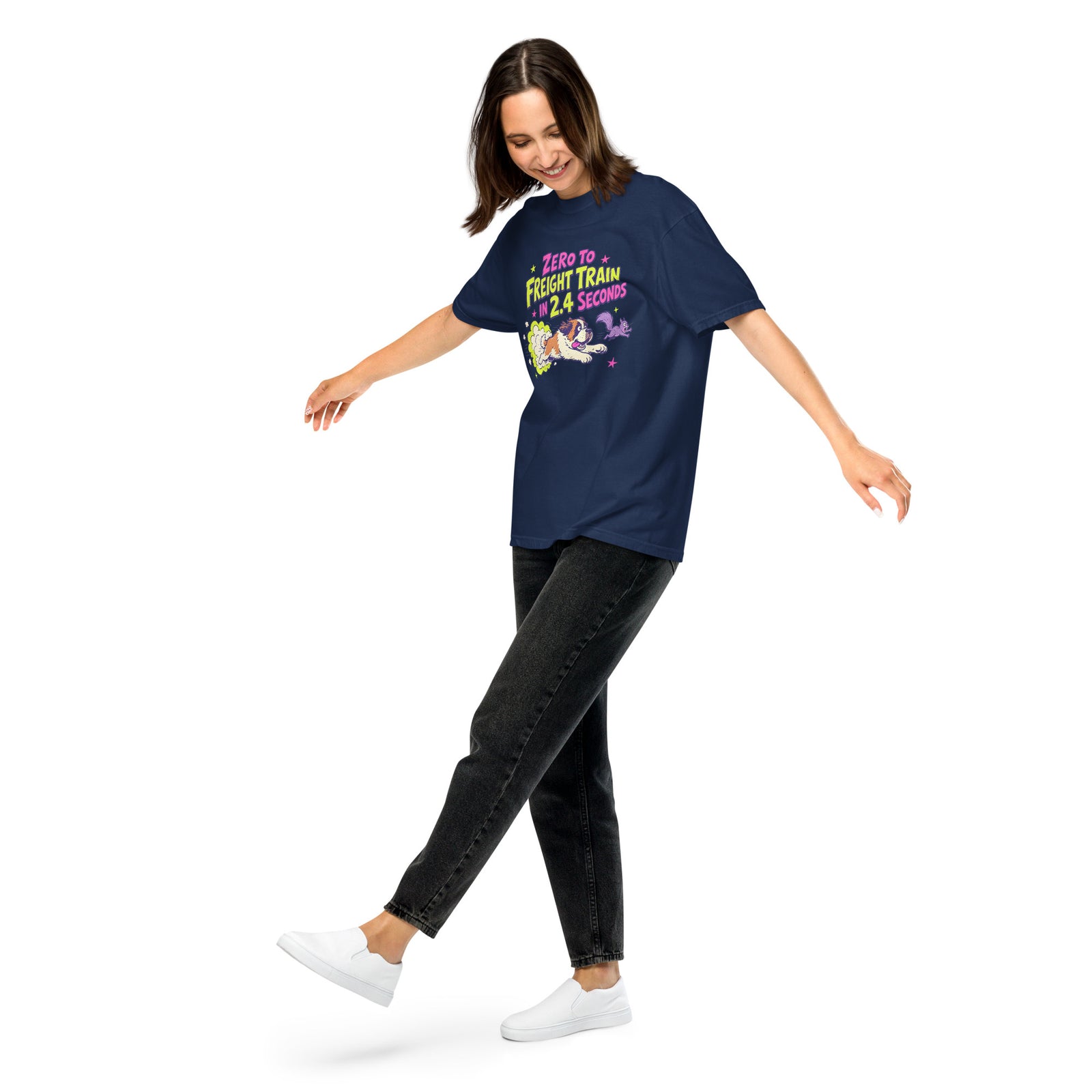 Navy Comfort Colors t-shirt with a bright retro cartoon Saint Bernard chasing a squirrel and Zero to Freight Train in 2.4 Seconds lettering.