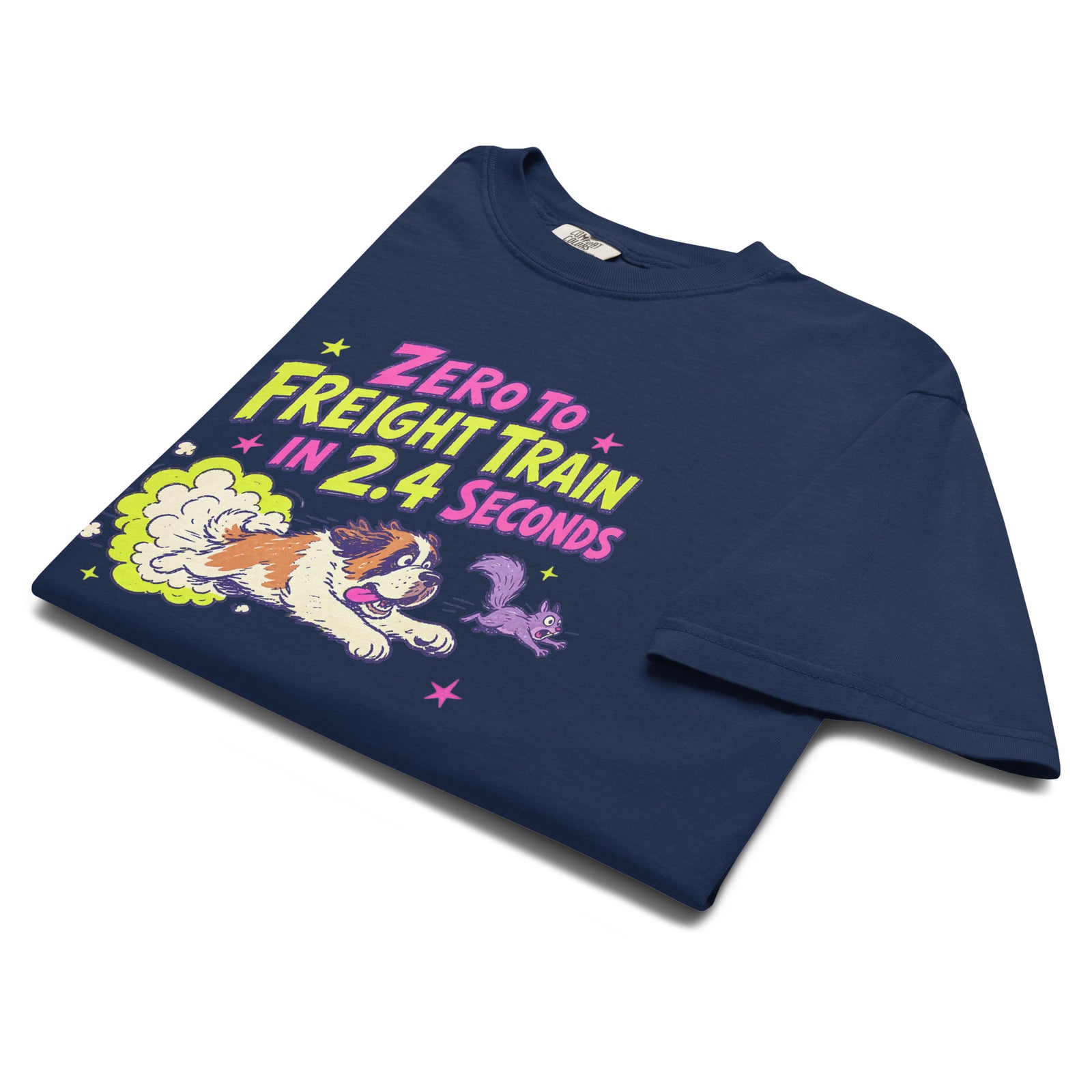 Navy Comfort Colors t-shirt with a bright retro cartoon Saint Bernard chasing a squirrel and Zero to Freight Train in 2.4 Seconds lettering.
