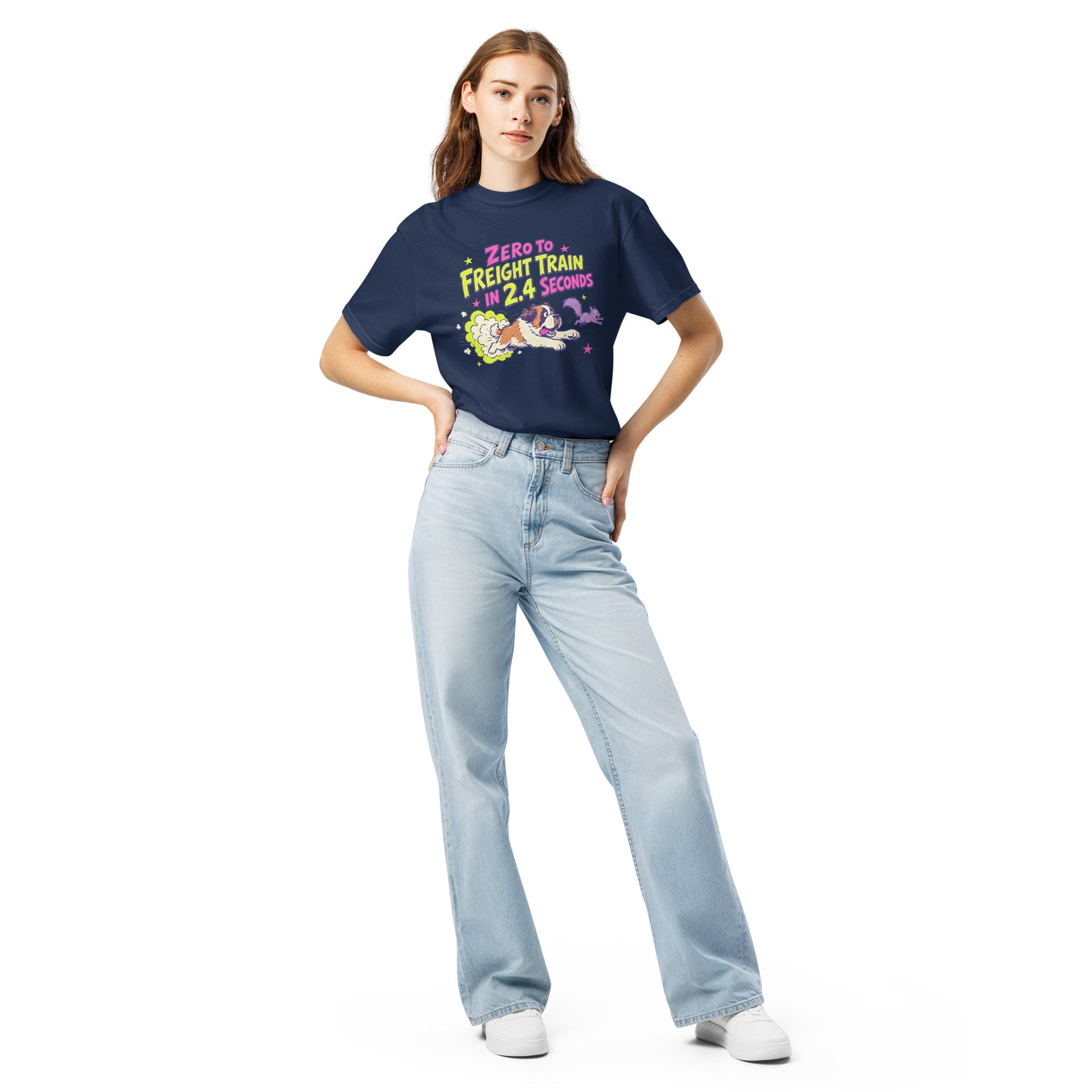 Navy Comfort Colors t-shirt with a bright retro cartoon Saint Bernard chasing a squirrel and Zero to Freight Train in 2.4 Seconds lettering.