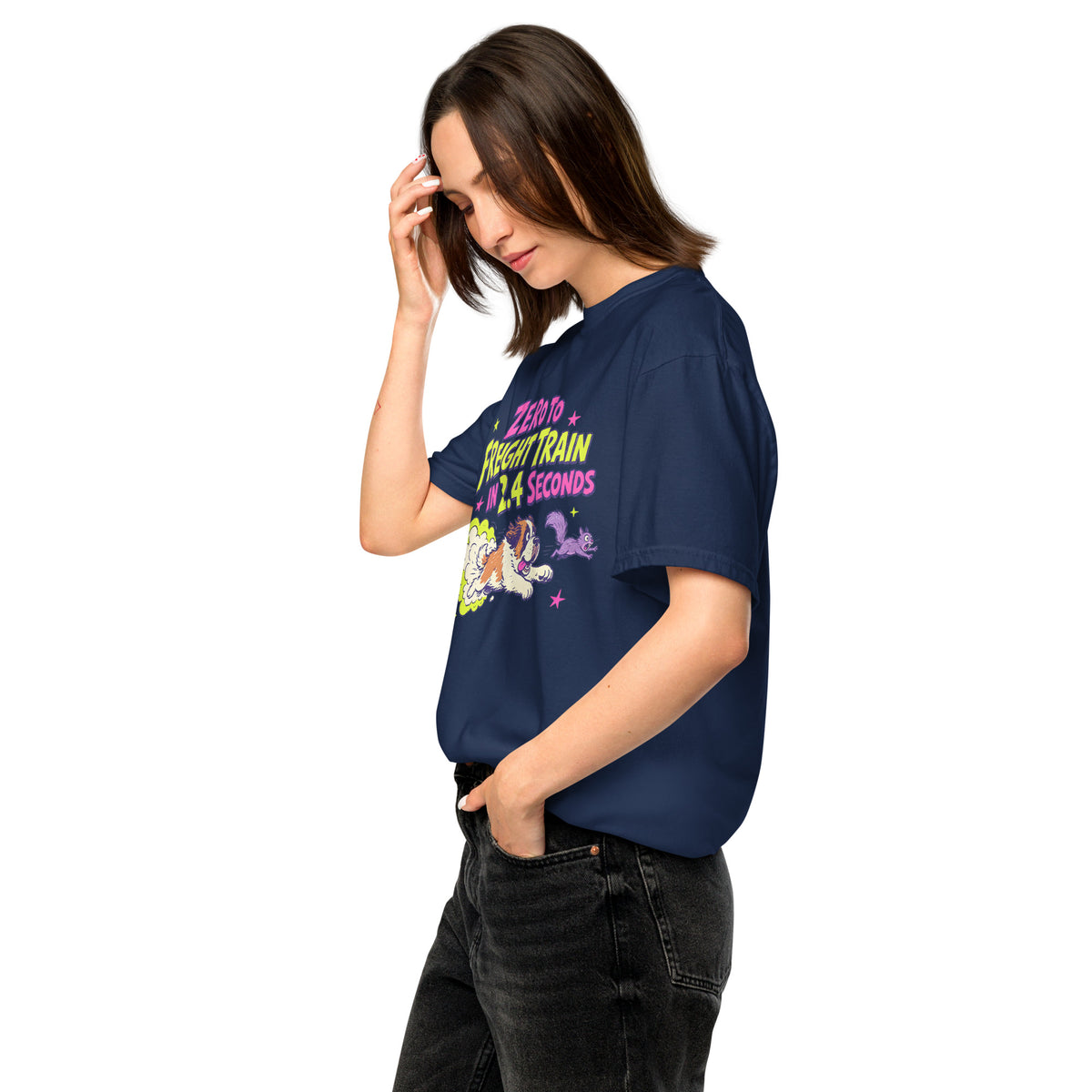 Navy Comfort Colors t-shirt with a bright retro cartoon Saint Bernard chasing a squirrel and Zero to Freight Train in 2.4 Seconds lettering.