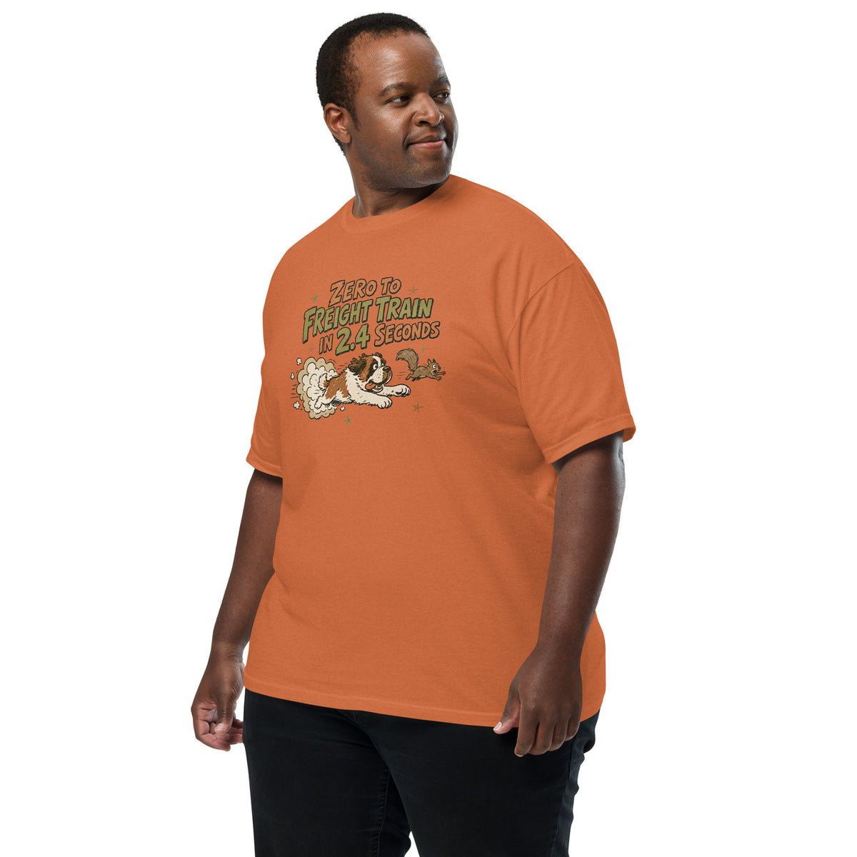 Orange yam Comfort Colors t-shirt with a retro earth tone cartoon of a funny Saint Bernard chasing a squirrel and Zero to Freight Train in 2.4 Seconds lettering.