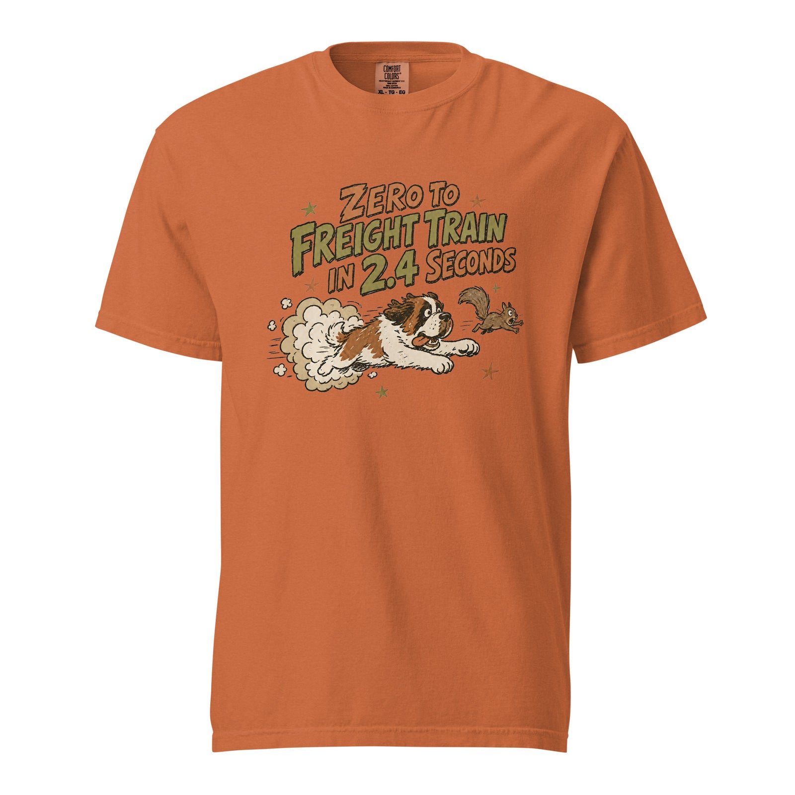 Orange yam Comfort Colors t-shirt with a retro earth tone cartoon of a funny Saint Bernard chasing a squirrel and Zero to Freight Train in 2.4 Seconds lettering.