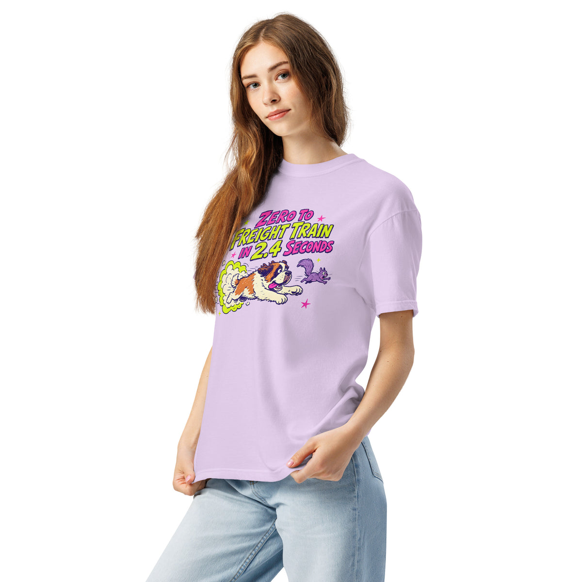 Orchid purple Comfort Colors t-shirt with a bright retro cartoon Saint Bernard chasing a squirrel and Zero to Freight Train in 2.4 Seconds lettering.