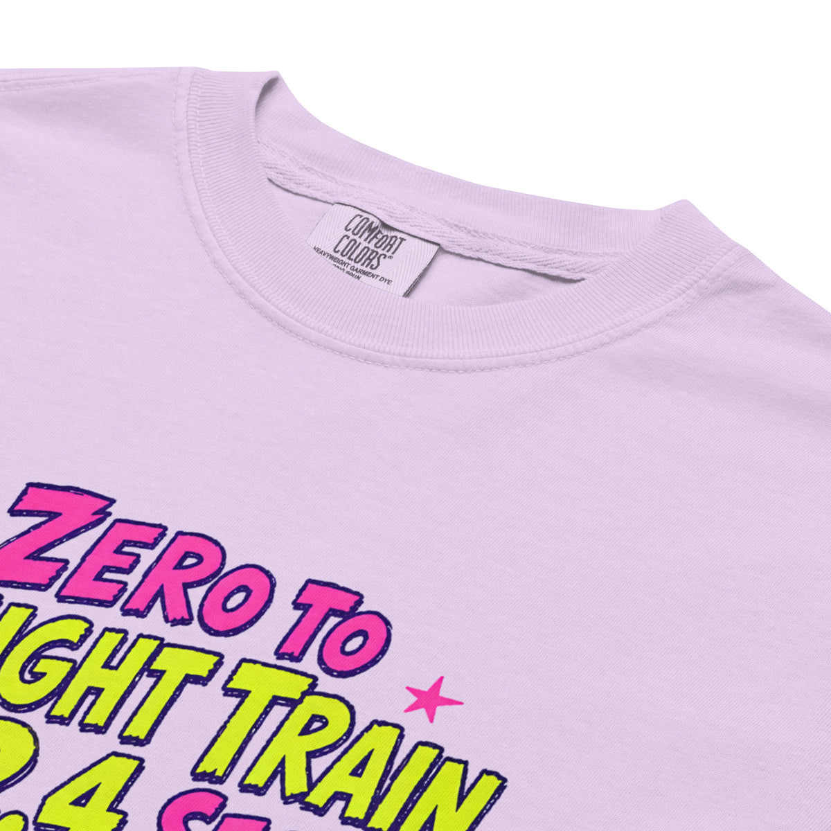 Orchid purple Comfort Colors t-shirt with a bright retro cartoon Saint Bernard chasing a squirrel and Zero to Freight Train in 2.4 Seconds lettering.