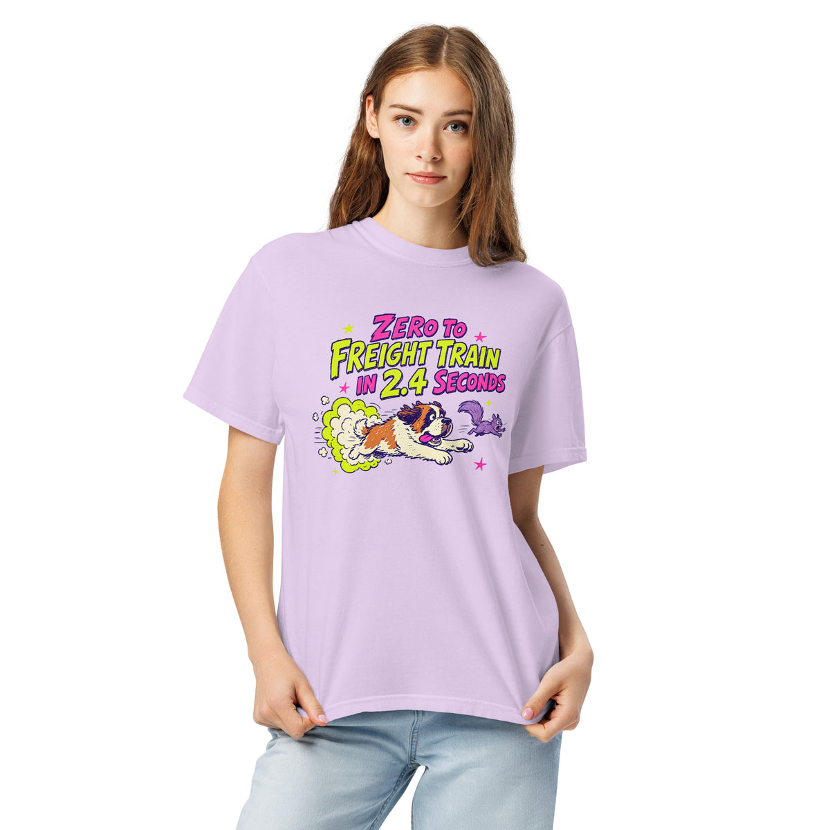 Orchid purple Comfort Colors t-shirt with a bright retro cartoon Saint Bernard chasing a squirrel and Zero to Freight Train in 2.4 Seconds lettering.