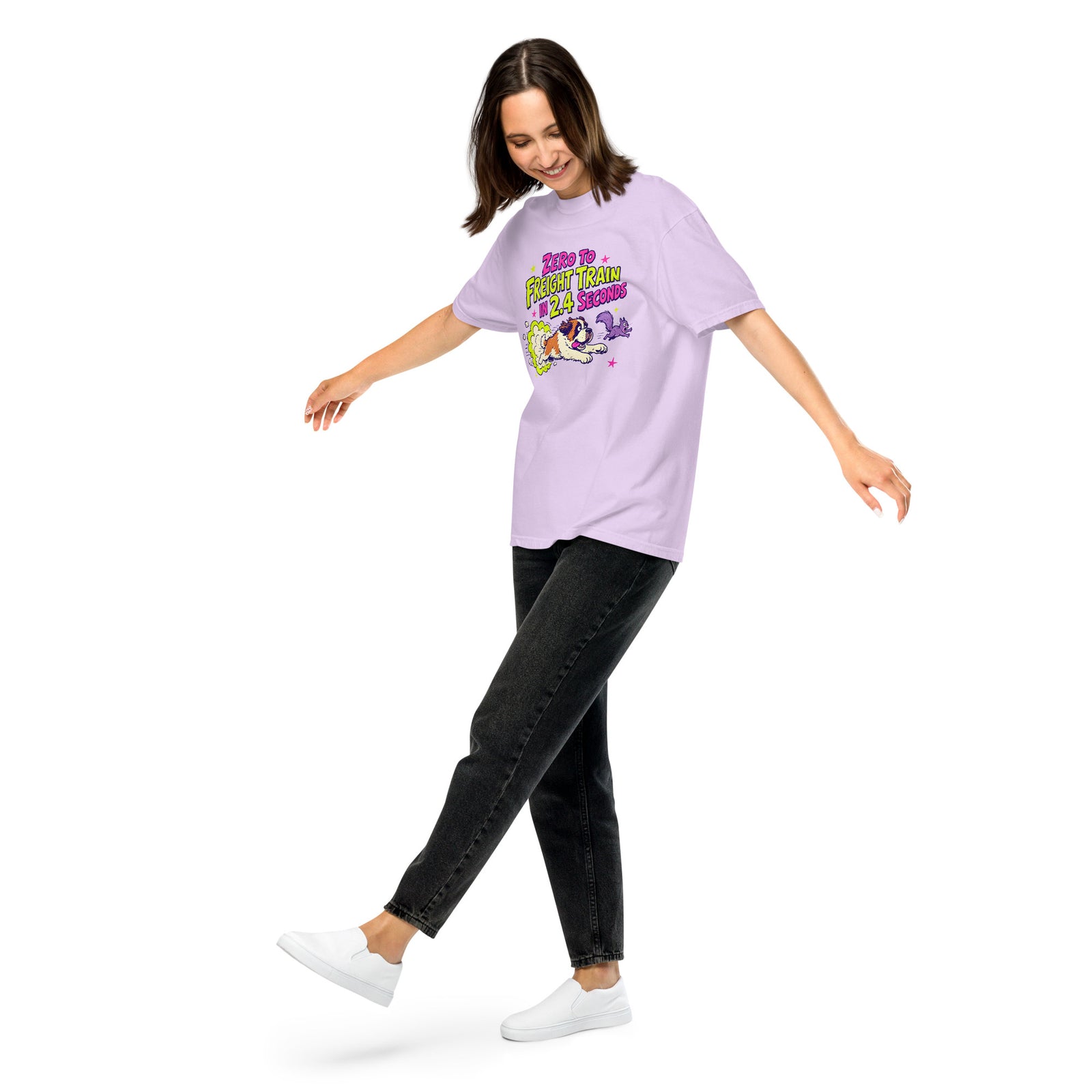Orchid purple Comfort Colors t-shirt with a bright retro cartoon Saint Bernard chasing a squirrel and Zero to Freight Train in 2.4 Seconds lettering.