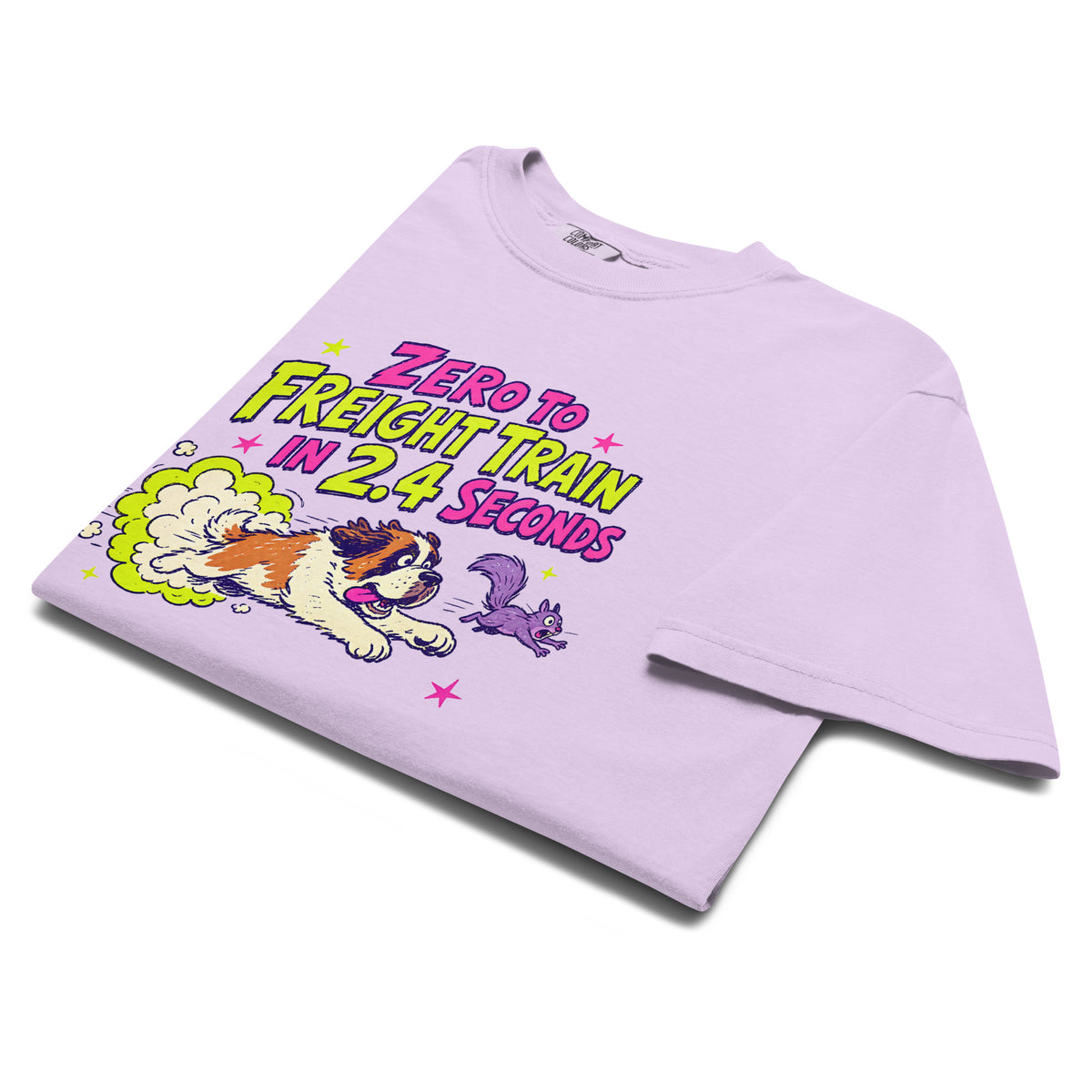 Orchid purple Comfort Colors t-shirt with a bright retro cartoon Saint Bernard chasing a squirrel and Zero to Freight Train in 2.4 Seconds lettering.