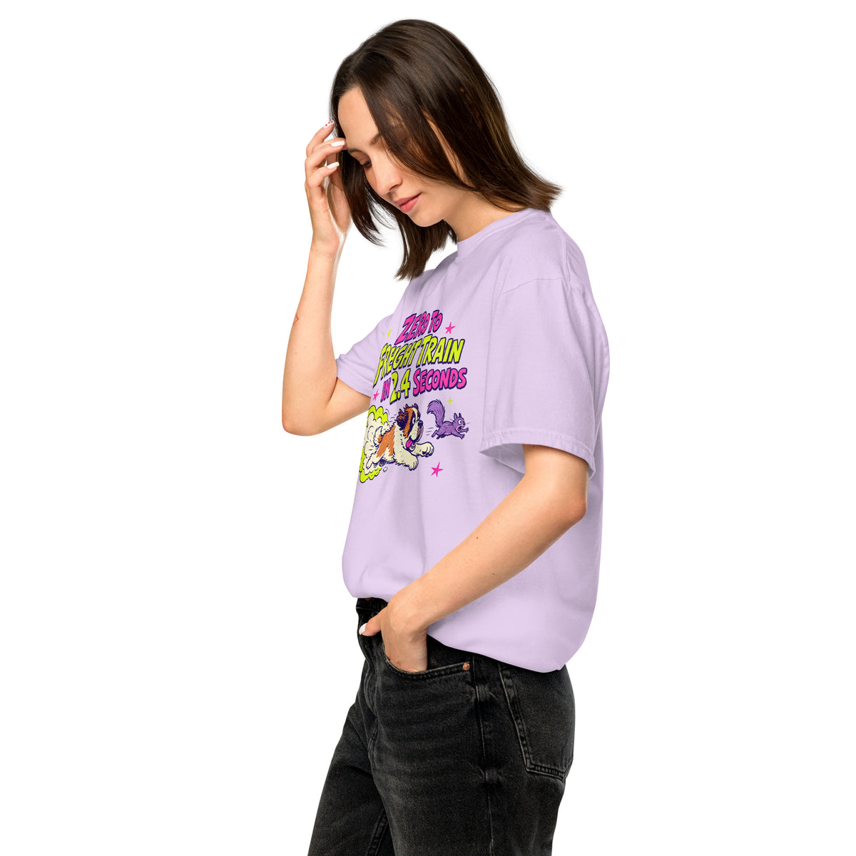 Orchid purple Comfort Colors t-shirt with a bright retro cartoon Saint Bernard chasing a squirrel and Zero to Freight Train in 2.4 Seconds lettering.