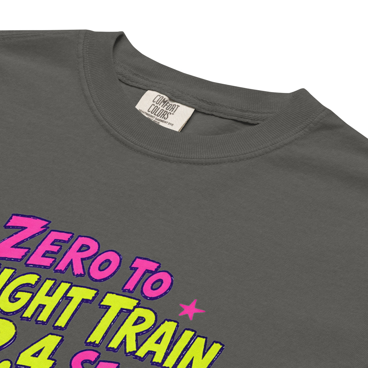 Pepper gray Comfort Colors t-shirt with a bright retro cartoon Saint Bernard chasing a squirrel and Zero to Freight Train in 2.4 Seconds lettering.