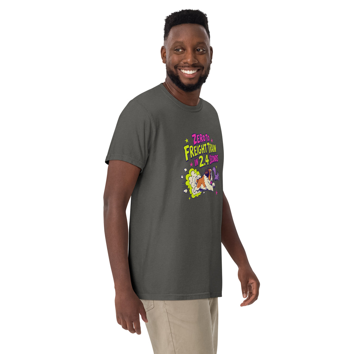 Pepper gray Comfort Colors t-shirt with a bright retro cartoon Saint Bernard chasing a squirrel and Zero to Freight Train in 2.4 Seconds lettering.