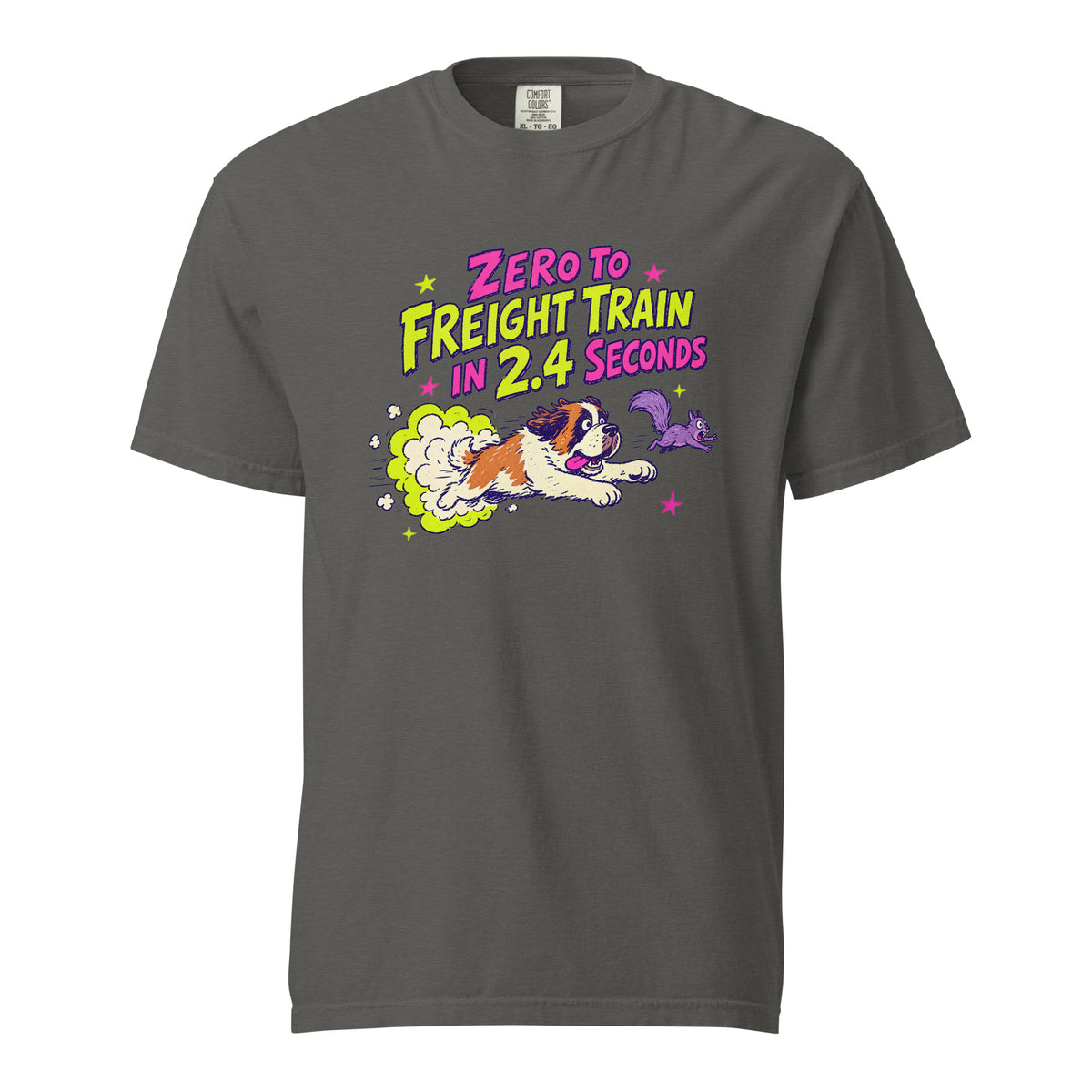 Pepper gray Comfort Colors t-shirt with a bright retro cartoon Saint Bernard chasing a squirrel and Zero to Freight Train in 2.4 Seconds lettering.