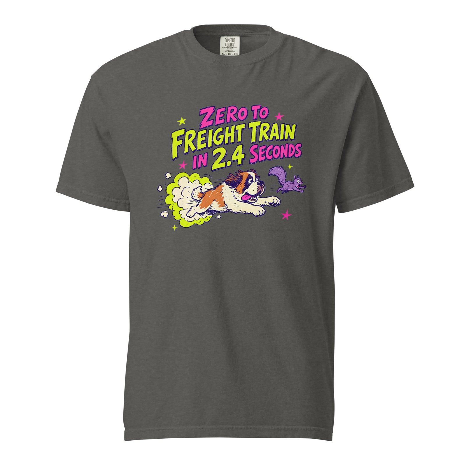 Pepper gray Comfort Colors t-shirt with a bright retro cartoon Saint Bernard chasing a squirrel and Zero to Freight Train in 2.4 Seconds lettering.