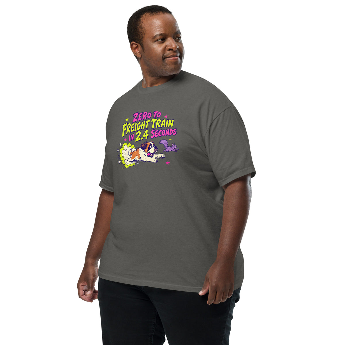 Pepper gray Comfort Colors t-shirt with a bright retro cartoon Saint Bernard chasing a squirrel and Zero to Freight Train in 2.4 Seconds lettering.