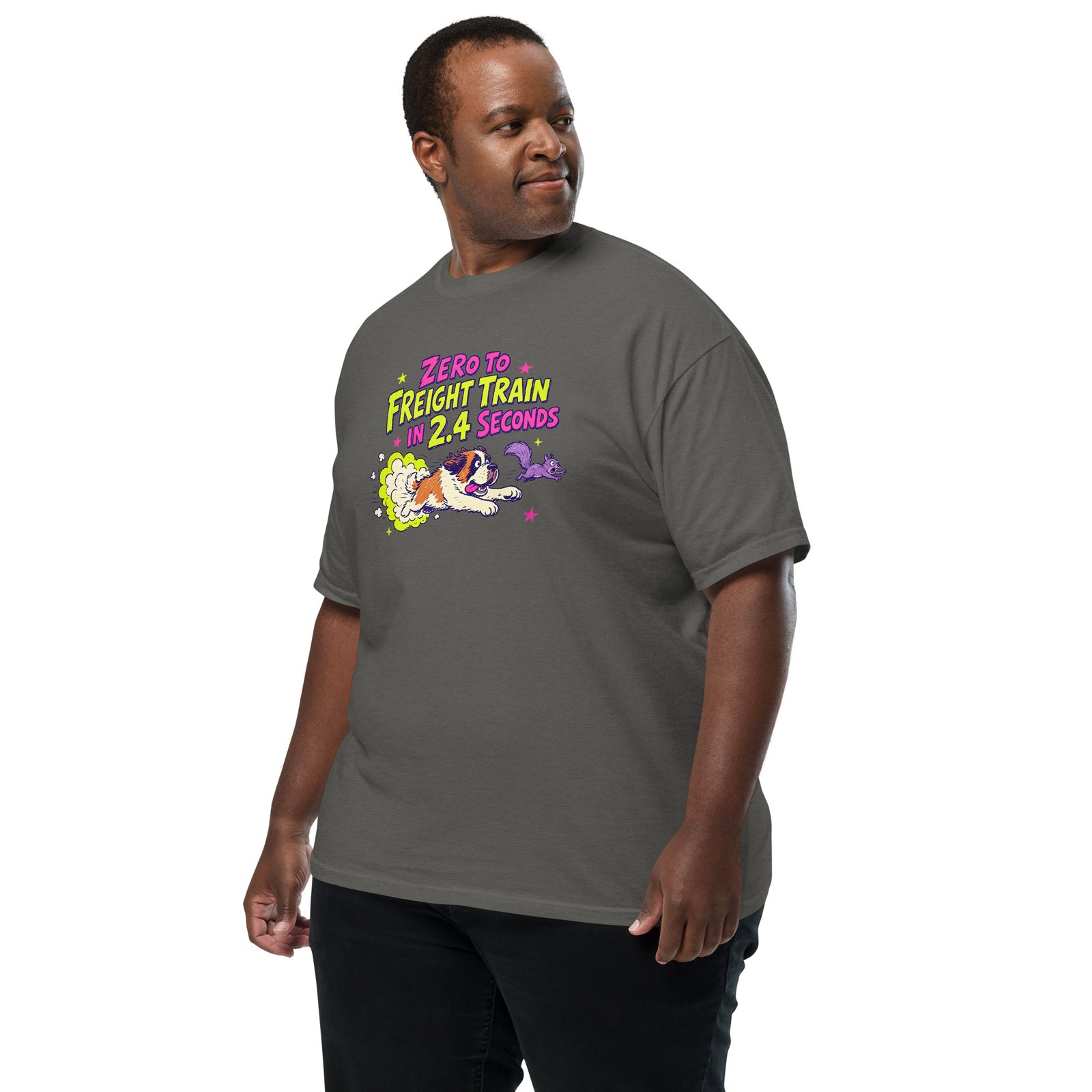 Pepper gray Comfort Colors t-shirt with a bright retro cartoon Saint Bernard chasing a squirrel and Zero to Freight Train in 2.4 Seconds lettering.