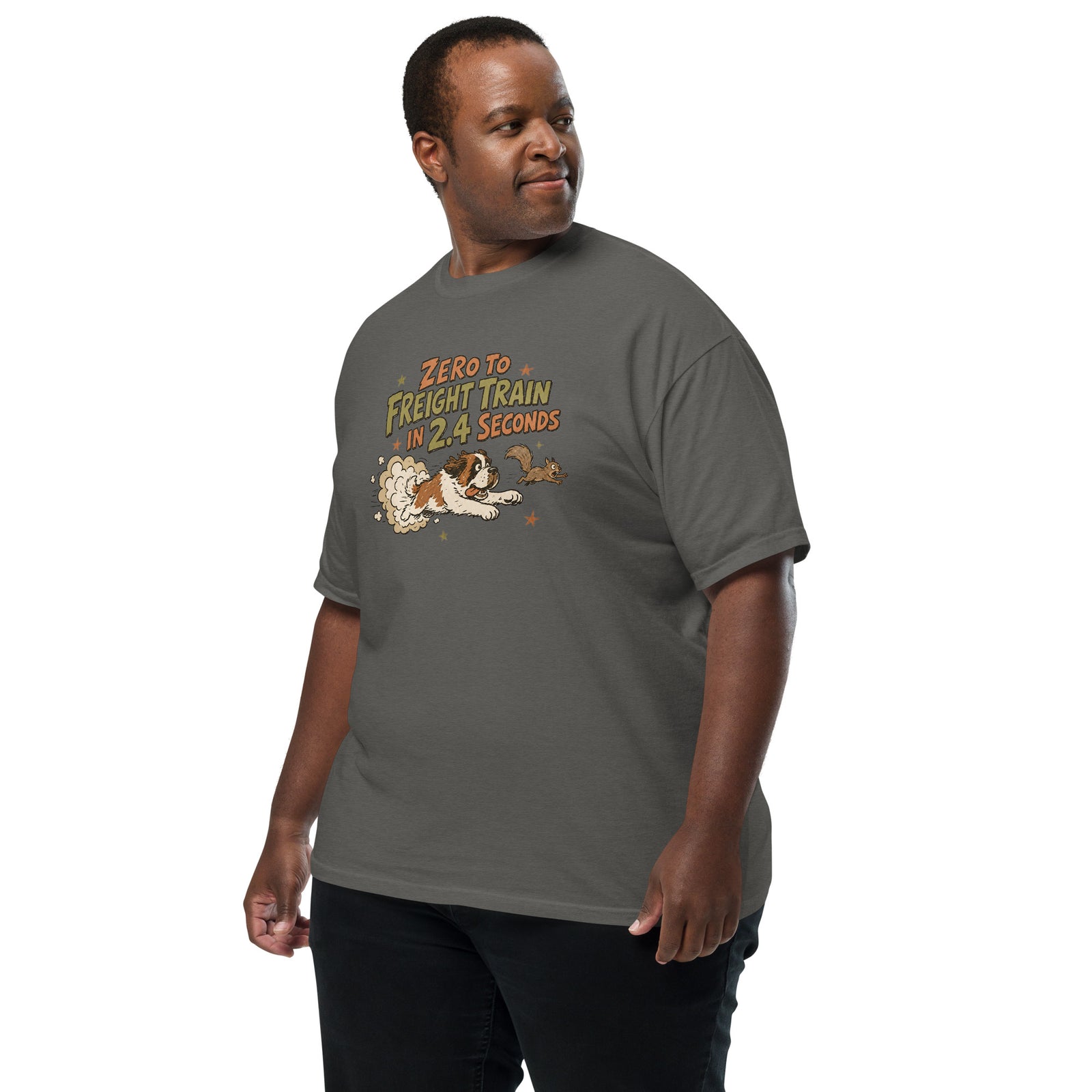 Pepper Comfort Colors t-shirt with a retro earth tone cartoon of a funny Saint Bernard chasing a squirrel and Zero to Freight Train in 2.4 Seconds lettering.