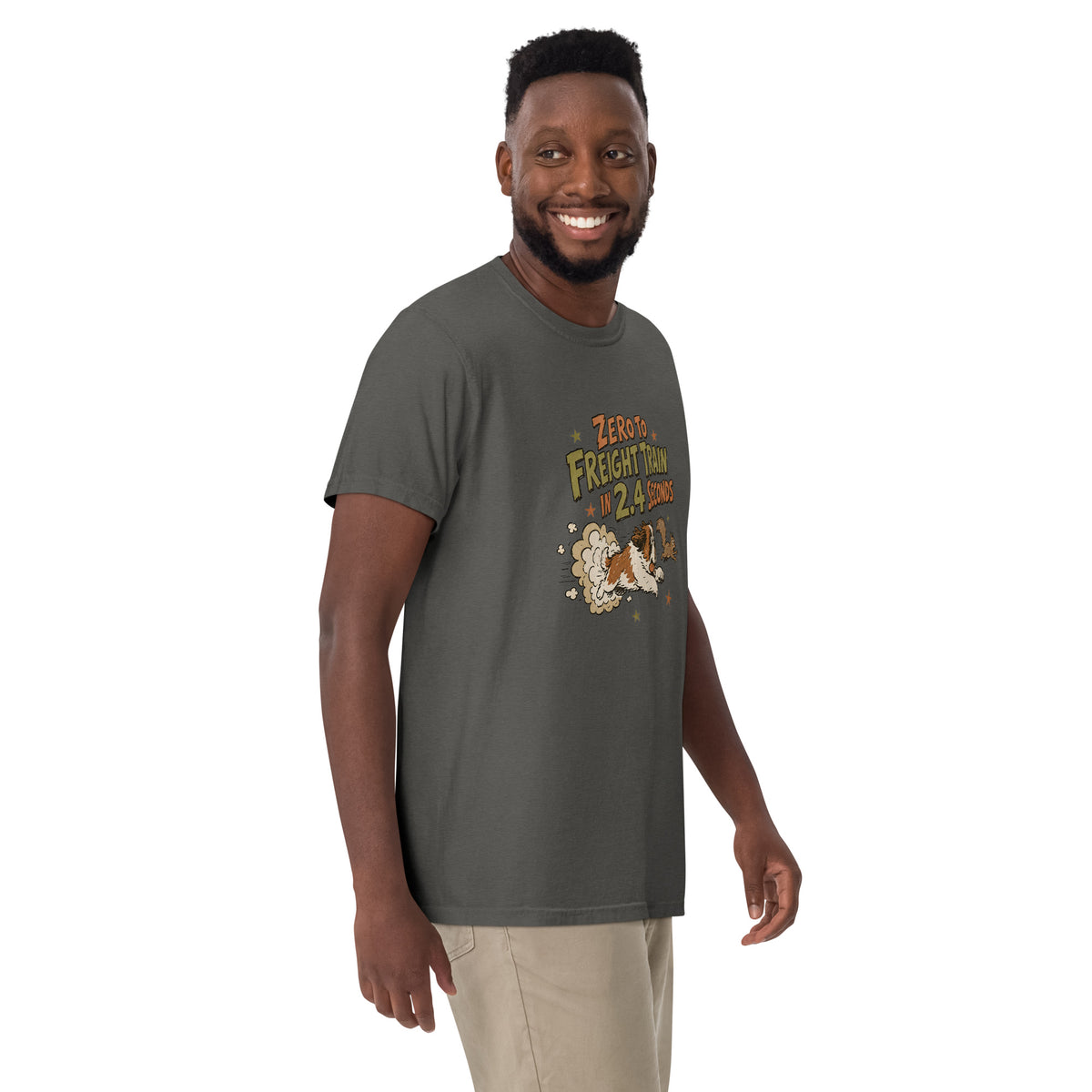 Pepper Comfort Colors t-shirt with a retro earth tone cartoon of a funny Saint Bernard chasing a squirrel and Zero to Freight Train in 2.4 Seconds lettering.