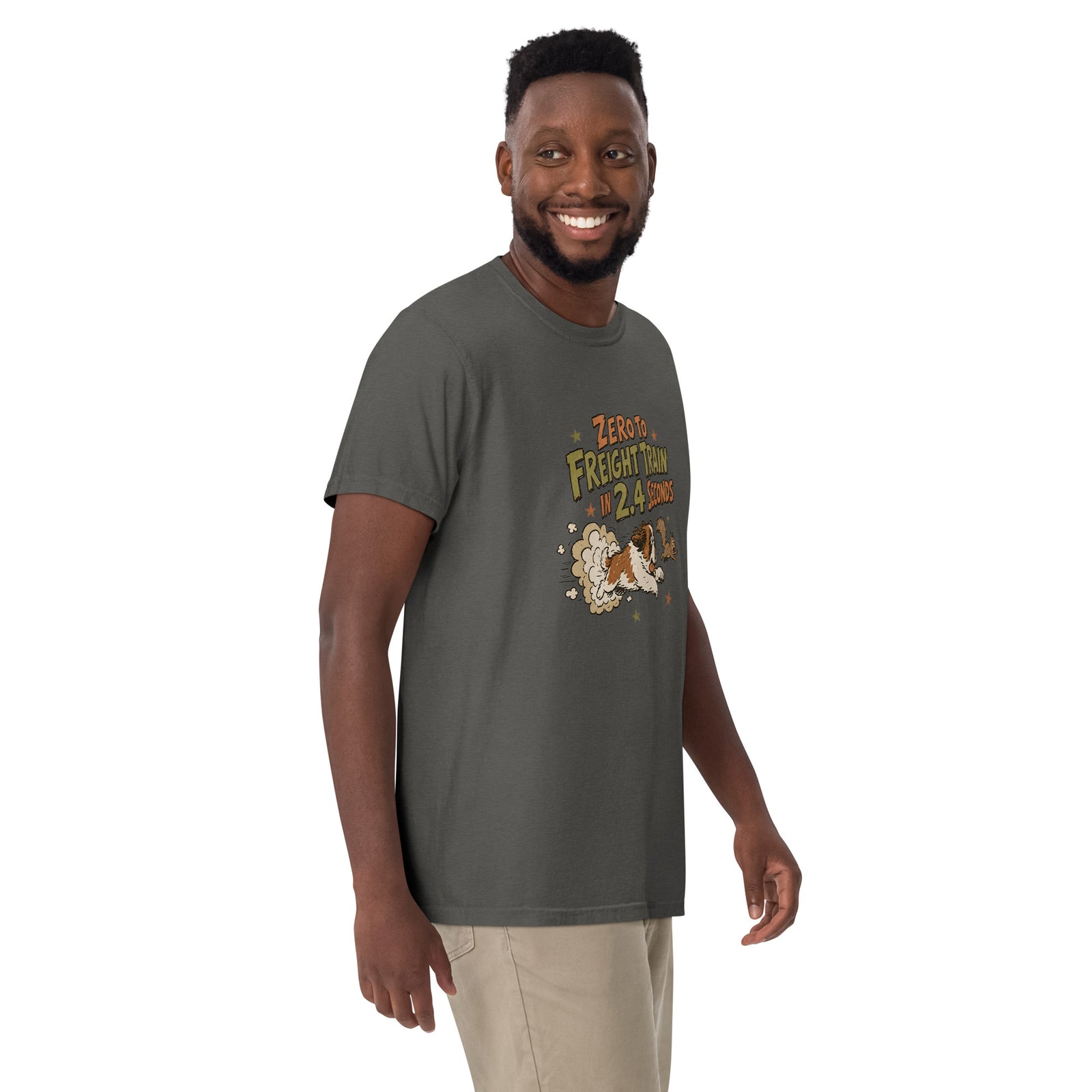Pepper Comfort Colors t-shirt with a retro earth tone cartoon of a funny Saint Bernard chasing a squirrel and Zero to Freight Train in 2.4 Seconds lettering.