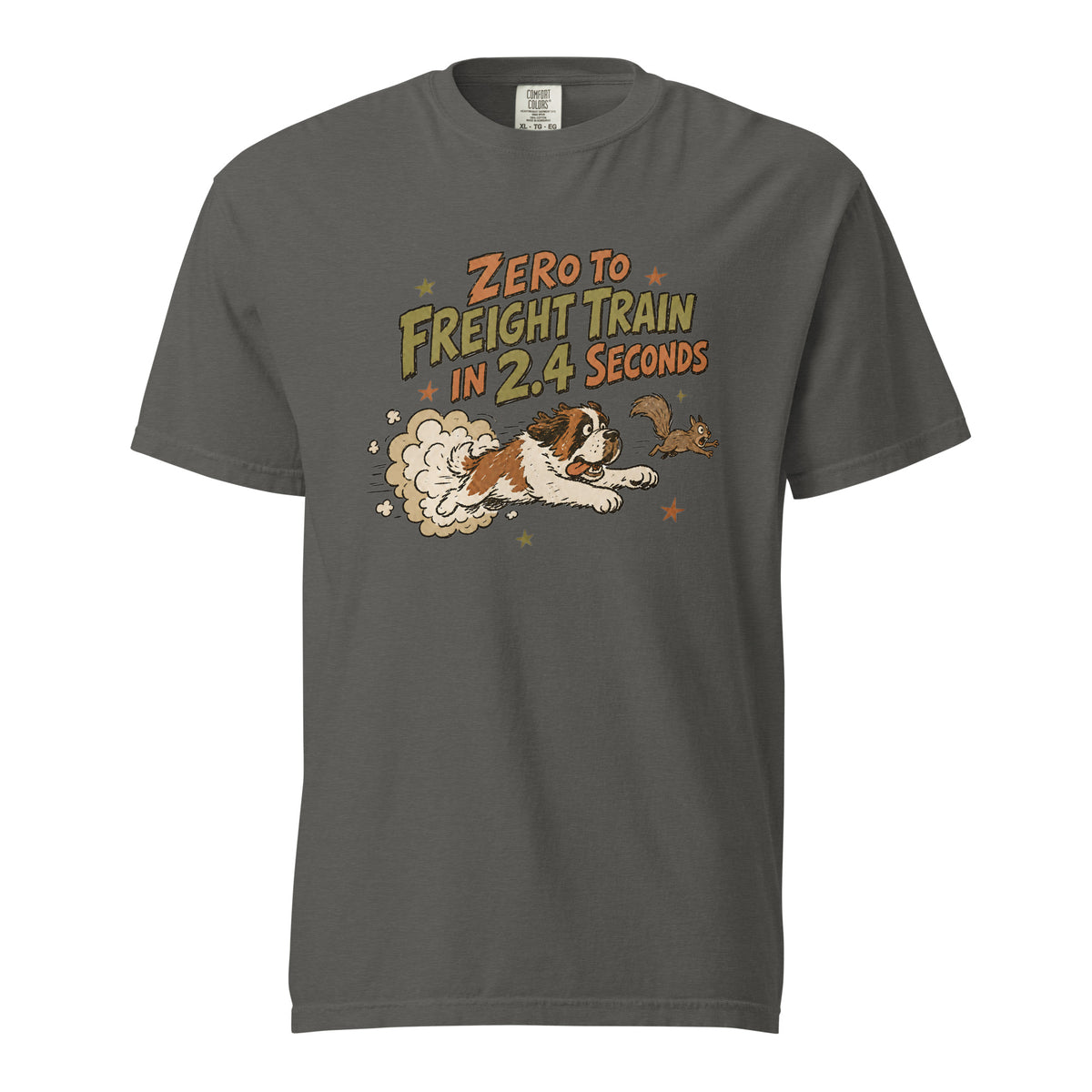 Pepper Comfort Colors t-shirt with a retro earth tone cartoon of a funny Saint Bernard chasing a squirrel and Zero to Freight Train in 2.4 Seconds lettering.