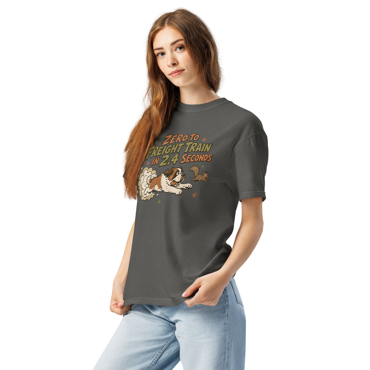 Pepper Comfort Colors t-shirt with a retro earth tone cartoon of a funny Saint Bernard chasing a squirrel and Zero to Freight Train in 2.4 Seconds lettering.