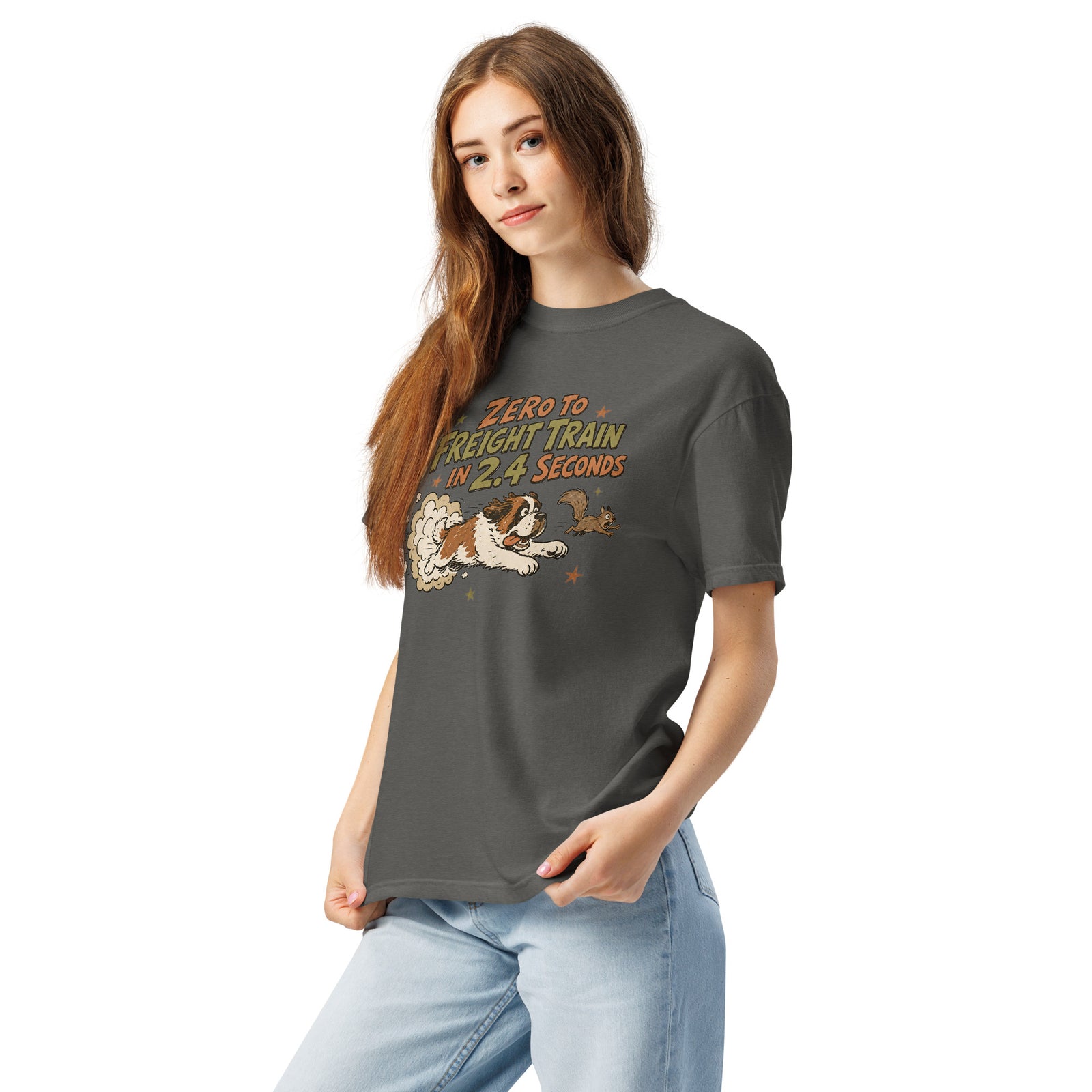 Pepper Comfort Colors t-shirt with a retro earth tone cartoon of a funny Saint Bernard chasing a squirrel and Zero to Freight Train in 2.4 Seconds lettering.