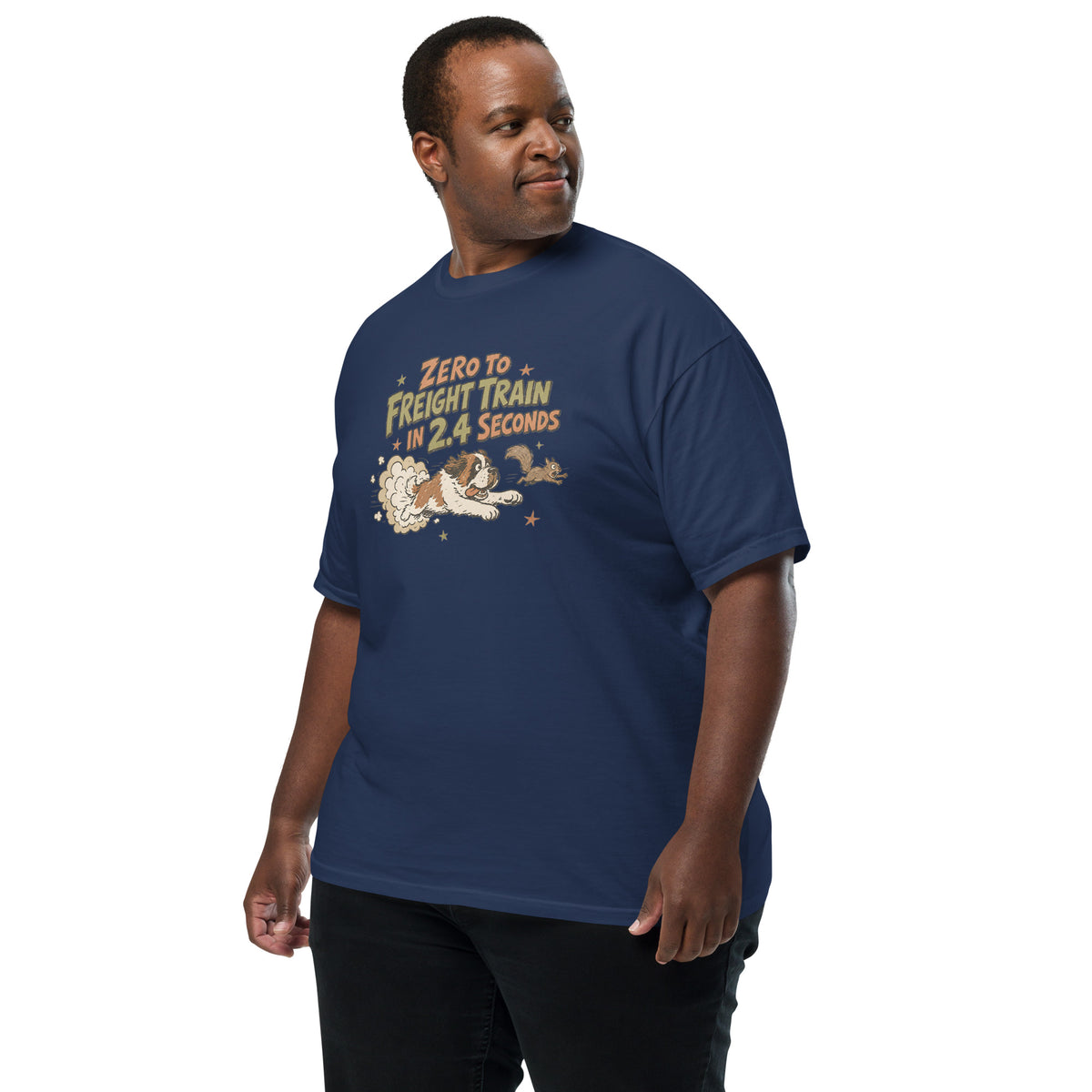 True navy blue Comfort Colors t-shirt with a retro earth tone cartoon of a funny Saint Bernard chasing a squirrel and Zero to Freight Train in 2.4 Seconds lettering.