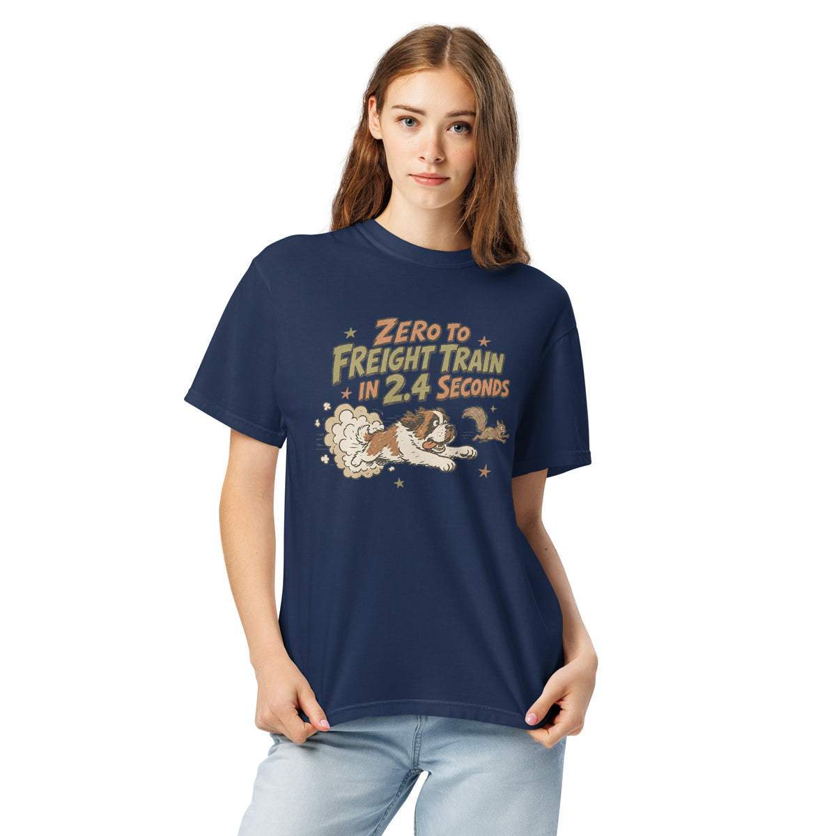 True navy blue Comfort Colors t-shirt with a retro earth tone cartoon of a funny Saint Bernard chasing a squirrel and Zero to Freight Train in 2.4 Seconds lettering.