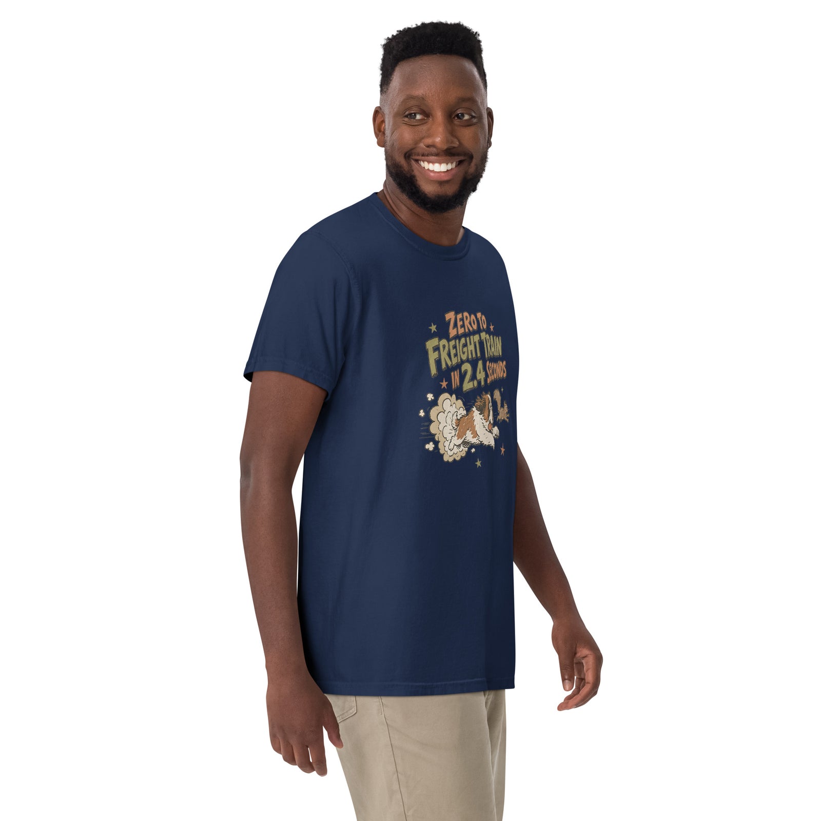True navy blue Comfort Colors t-shirt with a retro earth tone cartoon of a funny Saint Bernard chasing a squirrel and Zero to Freight Train in 2.4 Seconds lettering.