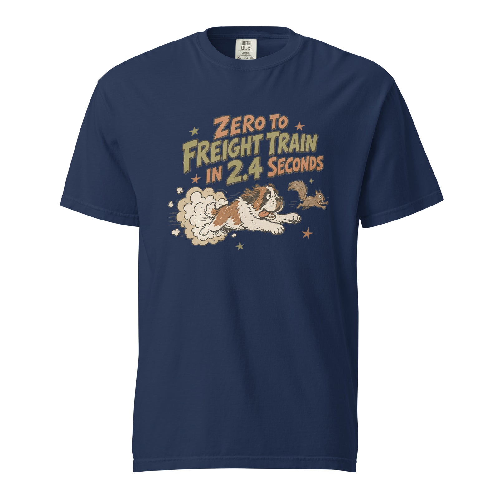 True navy blue Comfort Colors t-shirt with a retro earth tone cartoon of a funny Saint Bernard chasing a squirrel and Zero to Freight Train in 2.4 Seconds lettering.
