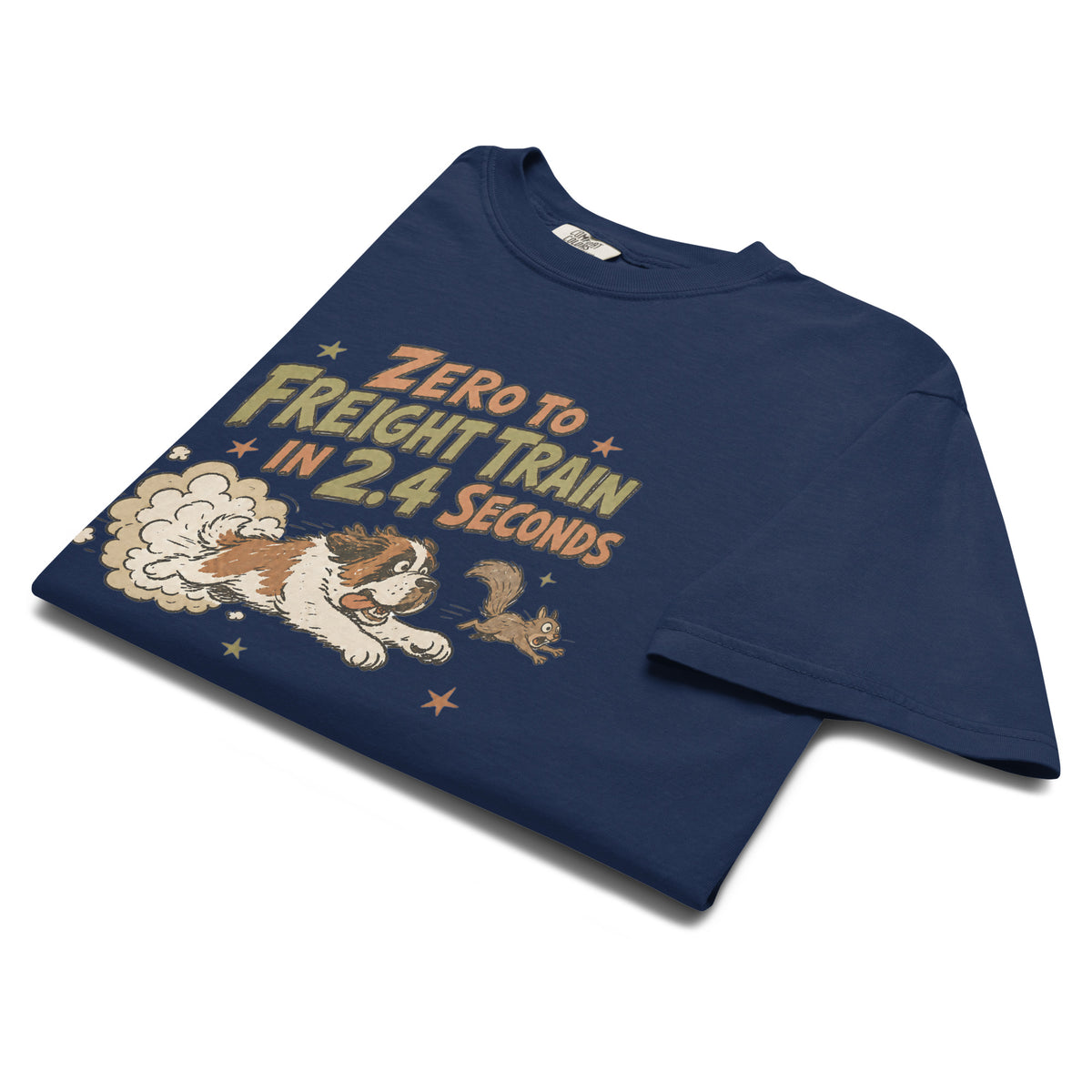 True navy blue Comfort Colors t-shirt with a retro earth tone cartoon of a funny Saint Bernard chasing a squirrel and Zero to Freight Train in 2.4 Seconds lettering.
