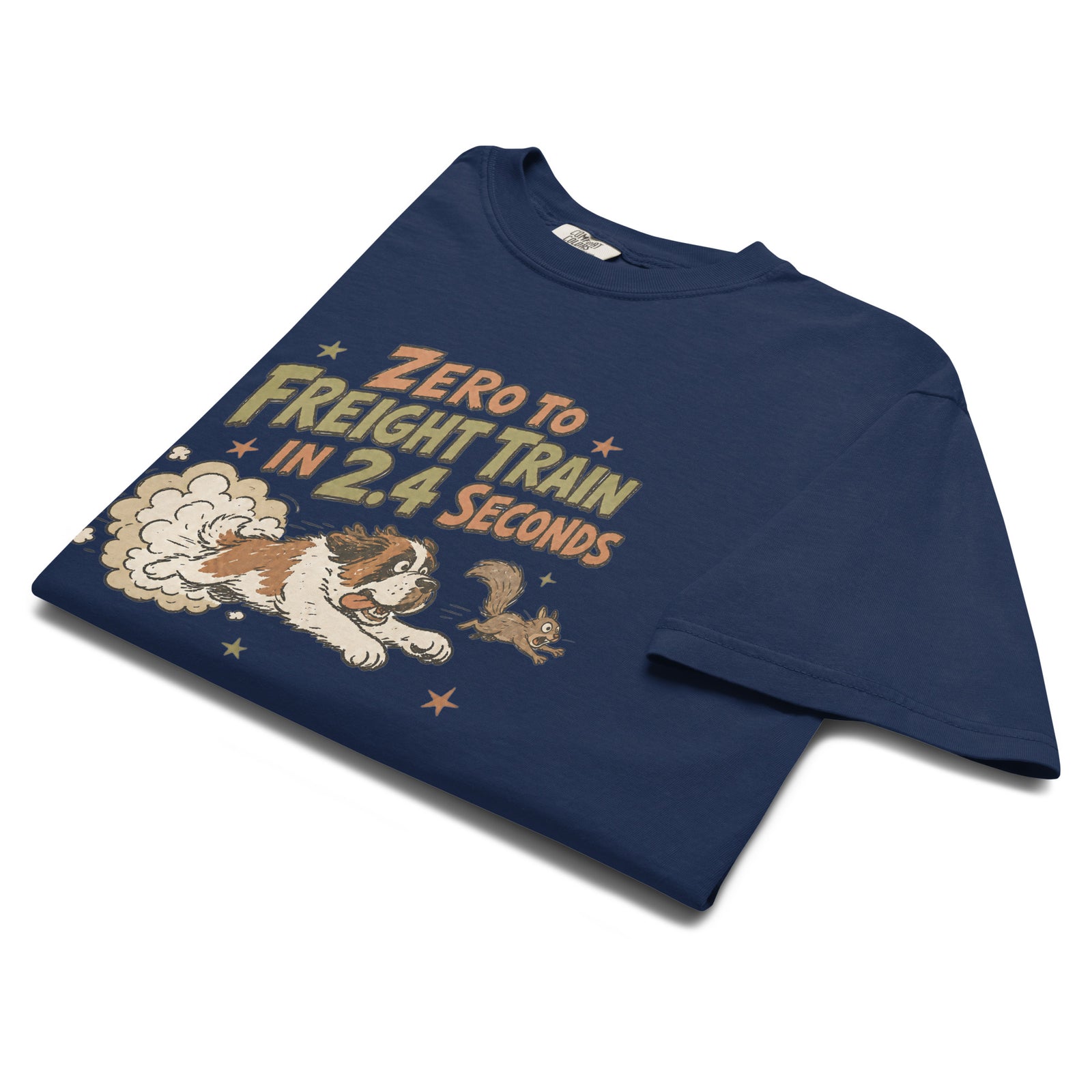 True navy blue Comfort Colors t-shirt with a retro earth tone cartoon of a funny Saint Bernard chasing a squirrel and Zero to Freight Train in 2.4 Seconds lettering.