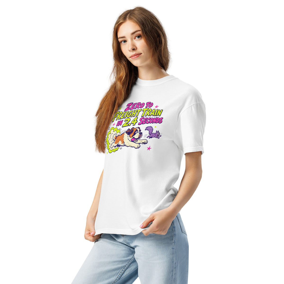 White Comfort Colors t-shirt with a bright retro cartoon Saint Bernard chasing a squirrel and Zero to Freight Train in 2.4 Seconds lettering.