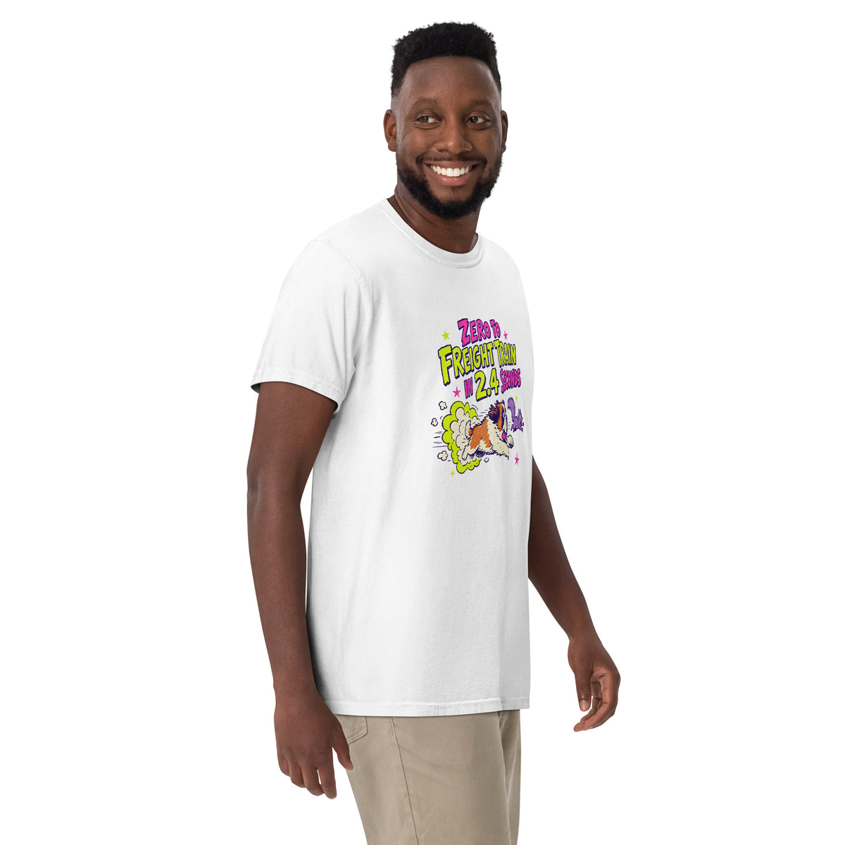White Comfort Colors t-shirt with a bright retro cartoon Saint Bernard chasing a squirrel and Zero to Freight Train in 2.4 Seconds lettering.