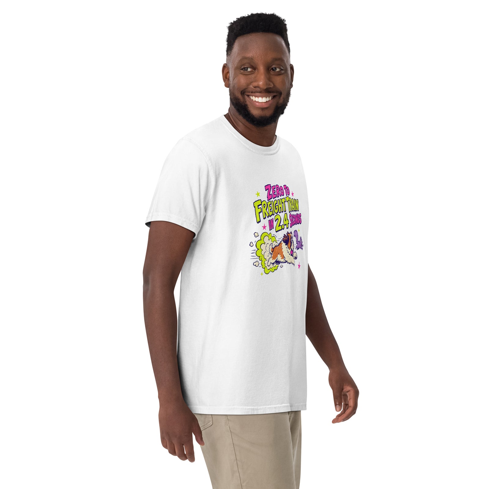 White Comfort Colors t-shirt with a bright retro cartoon Saint Bernard chasing a squirrel and Zero to Freight Train in 2.4 Seconds lettering.