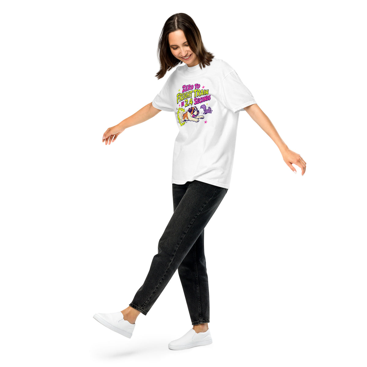 White Comfort Colors t-shirt with a bright retro cartoon Saint Bernard chasing a squirrel and Zero to Freight Train in 2.4 Seconds lettering.