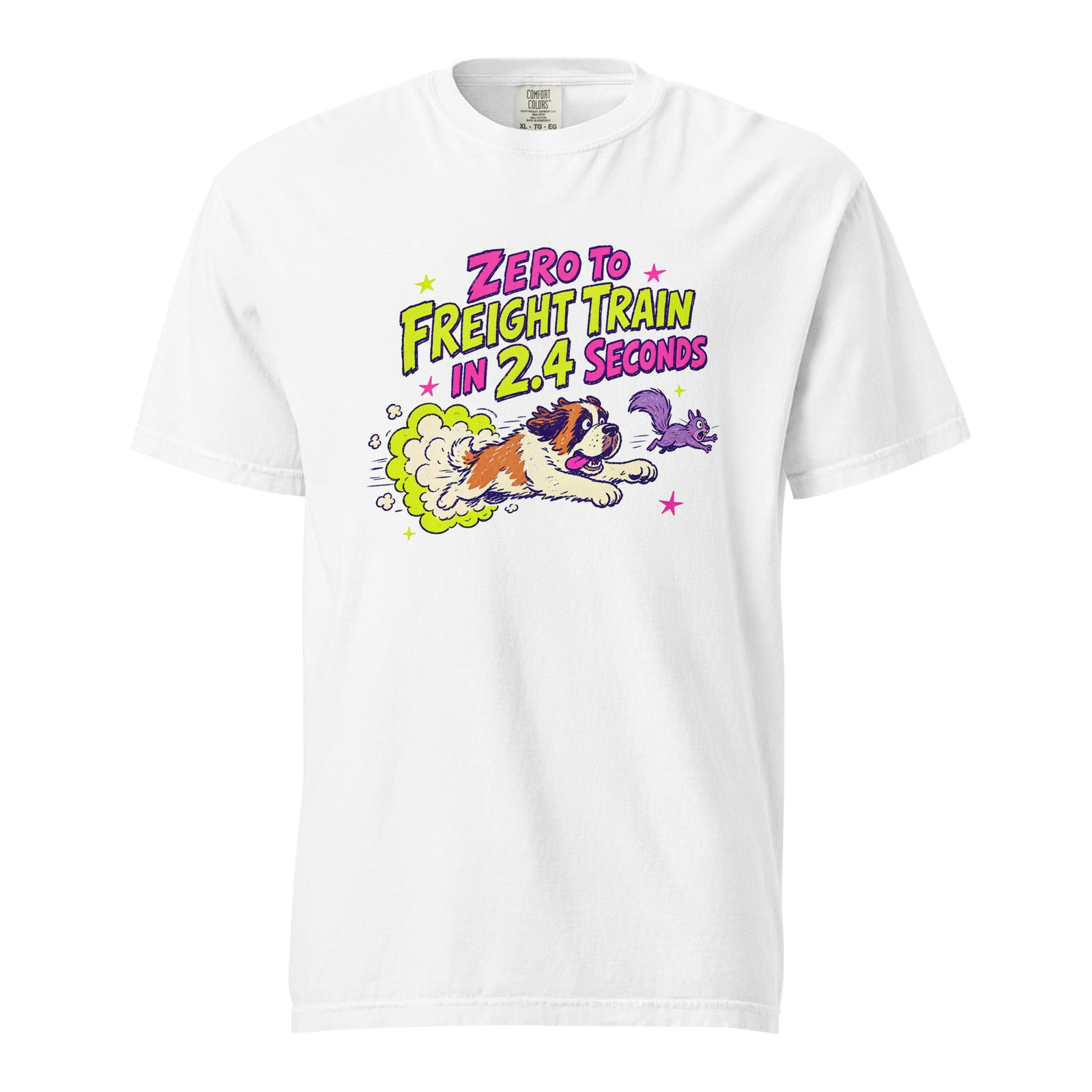 White Comfort Colors t-shirt with a bright retro cartoon Saint Bernard chasing a squirrel and Zero to Freight Train in 2.4 Seconds lettering.