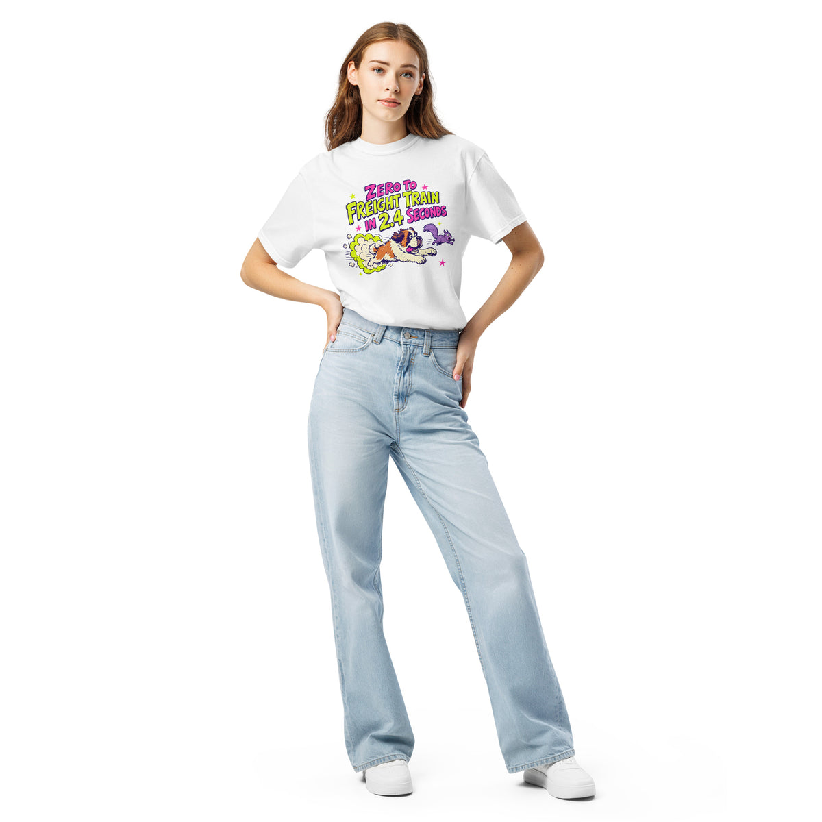 White Comfort Colors t-shirt with a bright retro cartoon Saint Bernard chasing a squirrel and Zero to Freight Train in 2.4 Seconds lettering.