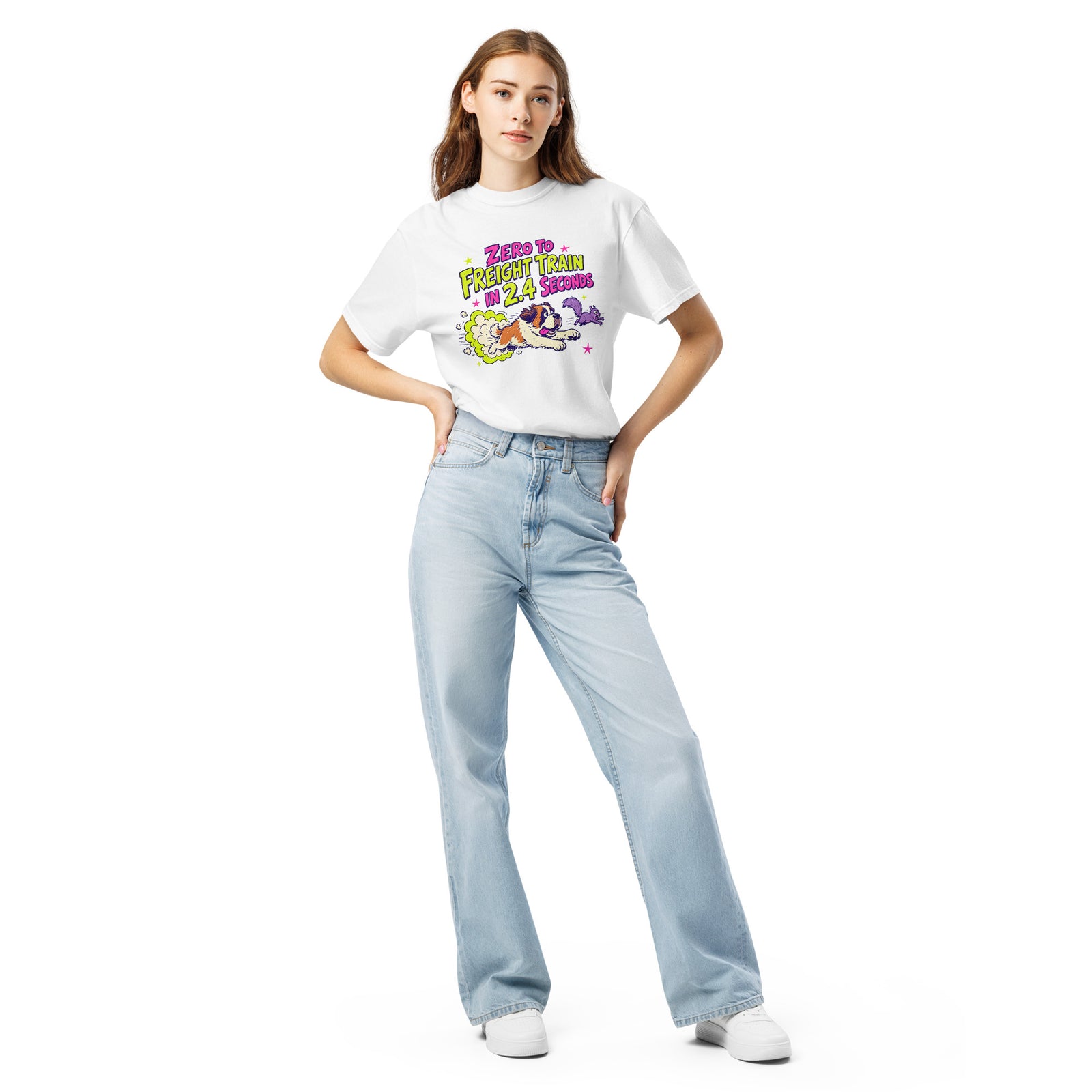 White Comfort Colors t-shirt with a bright retro cartoon Saint Bernard chasing a squirrel and Zero to Freight Train in 2.4 Seconds lettering.