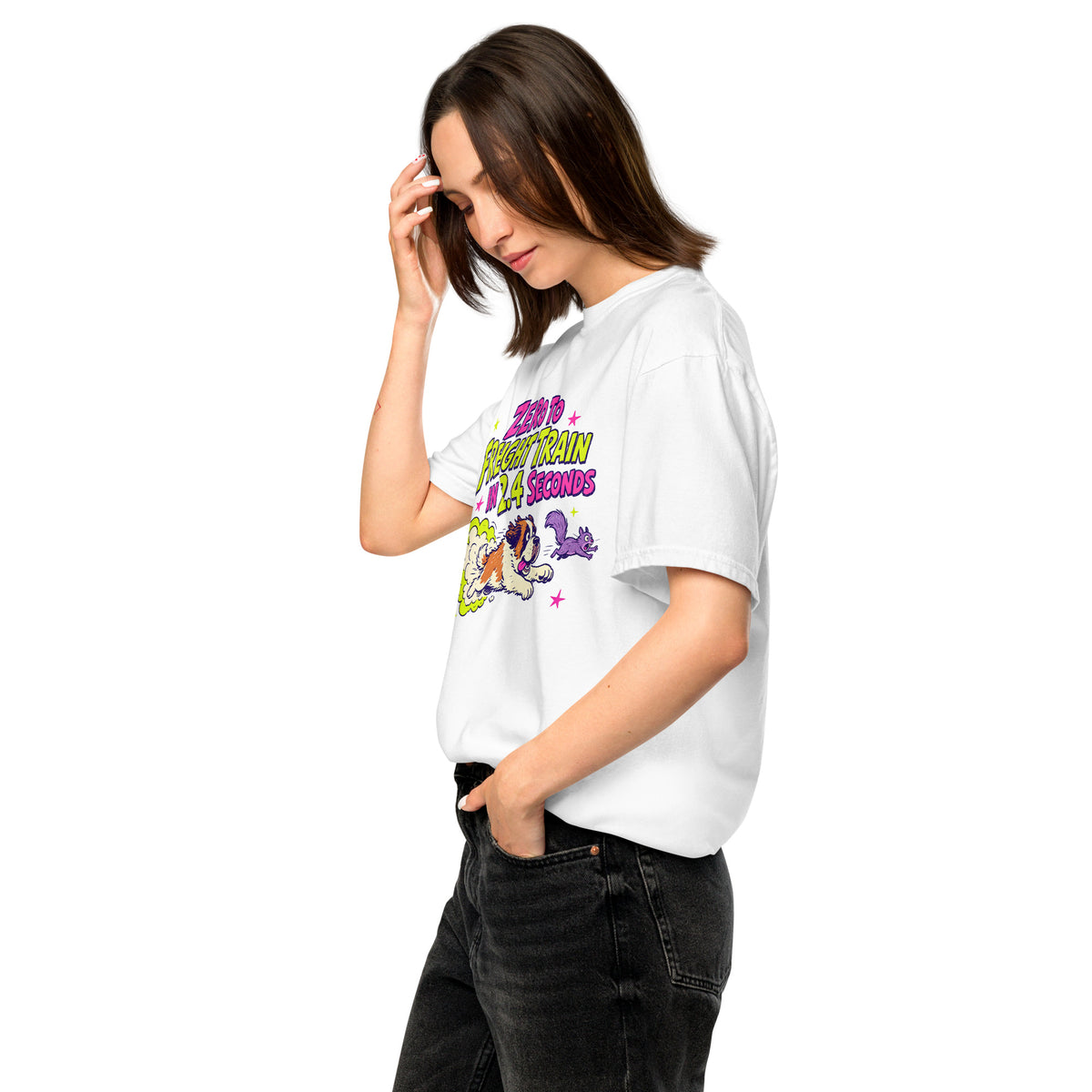 White Comfort Colors t-shirt with a bright retro cartoon Saint Bernard chasing a squirrel and Zero to Freight Train in 2.4 Seconds lettering.