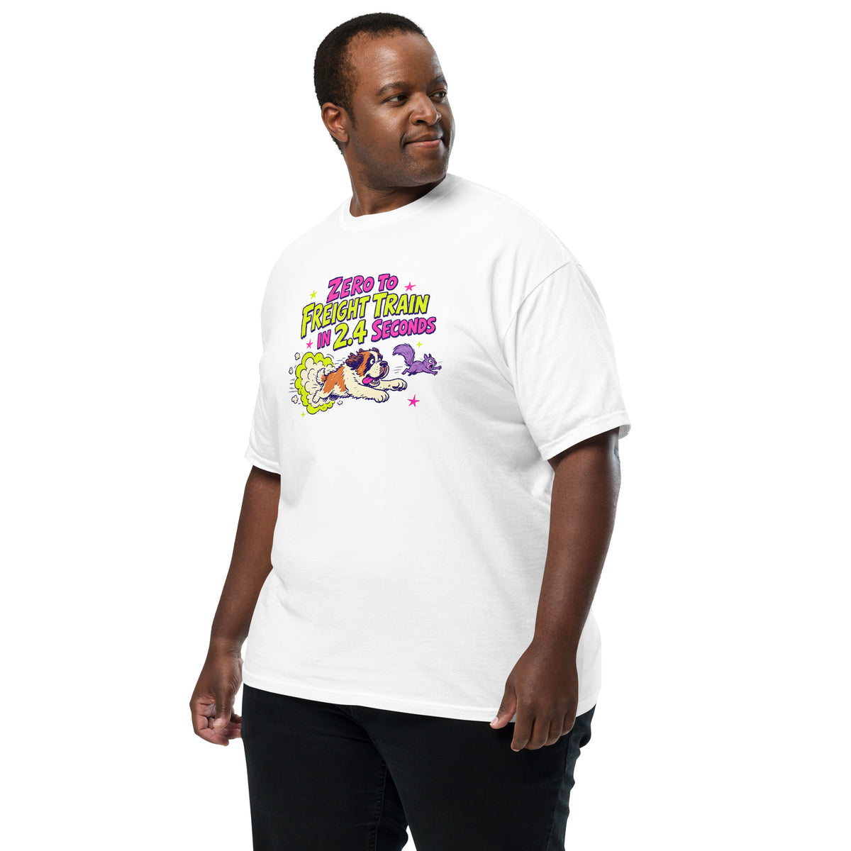 White Comfort Colors t-shirt with a bright retro cartoon Saint Bernard chasing a squirrel and Zero to Freight Train in 2.4 Seconds lettering.