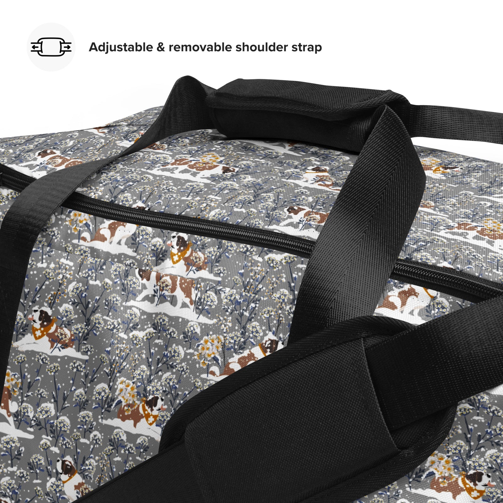 Snowflowers Saint Bernard floral duffle bag in soft gray, blue, white, and winter floral tones with padded black shoulder strap, handles, zip compartment, and mesh side pocket.