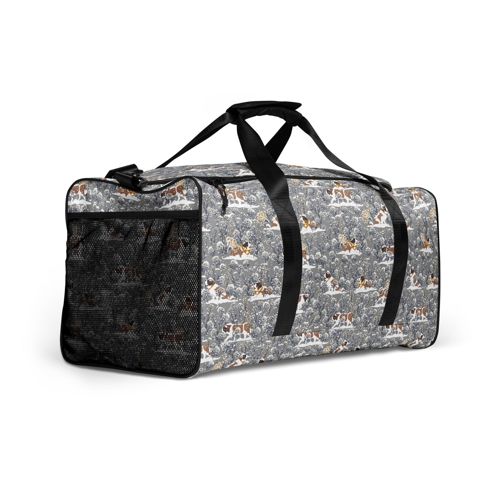 Snowflowers Saint Bernard floral duffle bag in soft gray, blue, white, and winter floral tones with padded black shoulder strap, handles, zip compartment, and mesh side pocket.