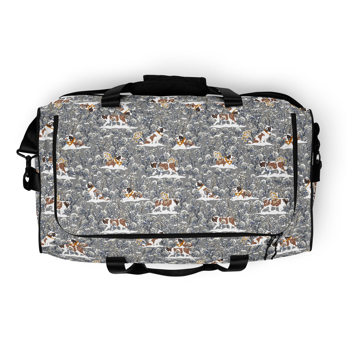 Snowflowers Saint Bernard floral duffle bag in soft gray, blue, white, and winter floral tones with padded black shoulder strap, handles, zip compartment, and mesh side pocket.